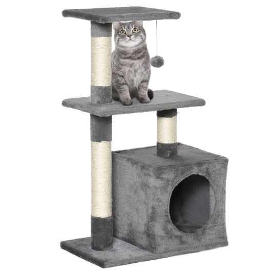 PawHut Árbol Rascador para Gatos 81,5 cm Torre para Gatos con Postes de Sisal 2 Plataformas Cueva y Bola Colgante Estilo Elegante 50x30x81,5 cm Gris