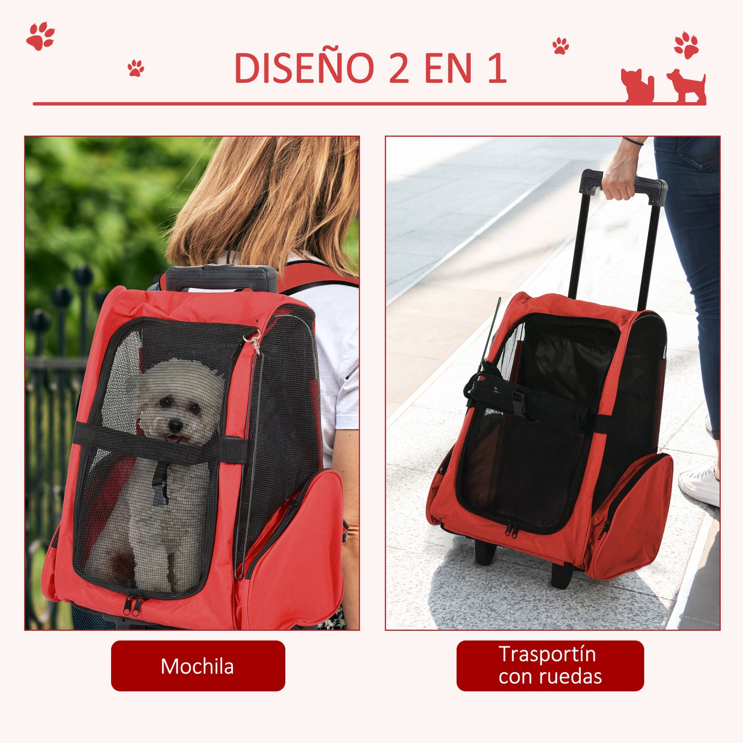 PawHut Transportin Carrito Perro 2 en 1 Mochila Carrito 42x25x55 cm Mascotas Perro Gato Rojo