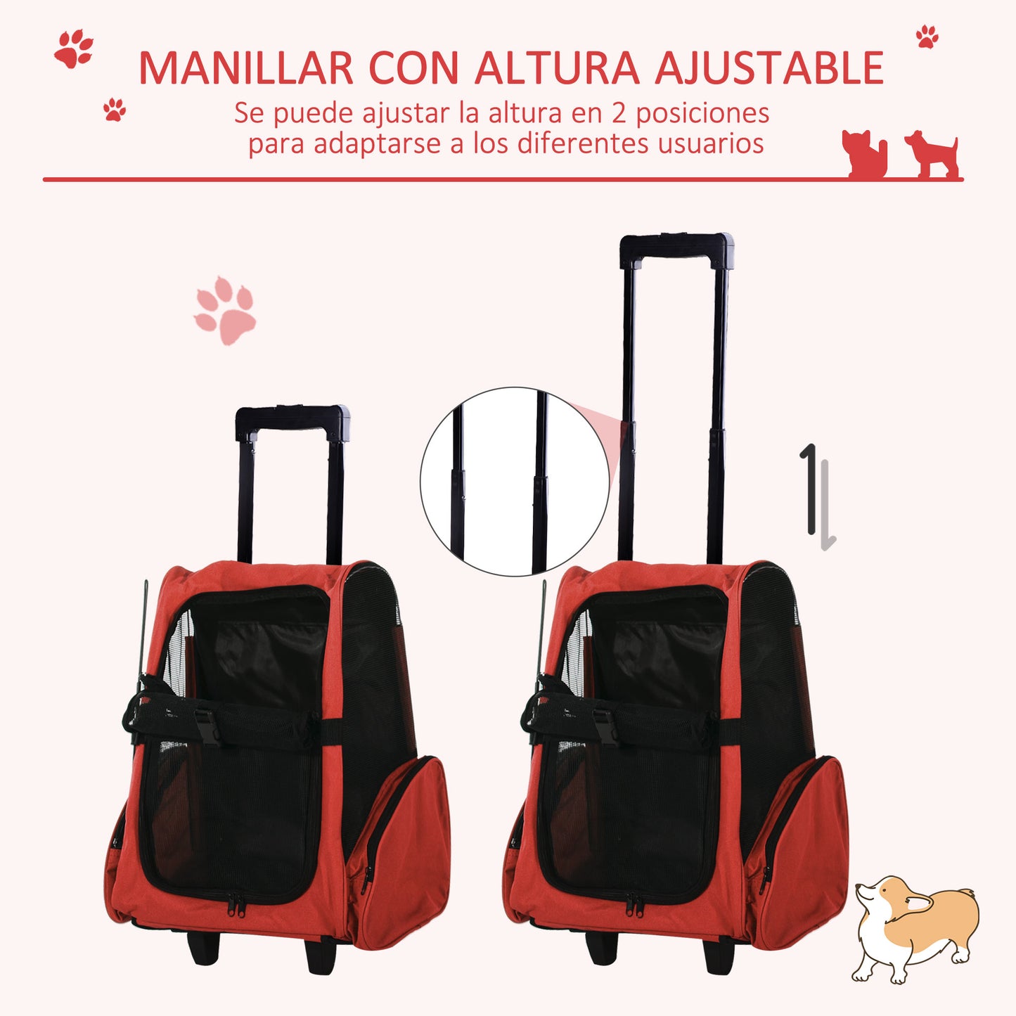 PawHut Transportin Carrito Perro 2 en 1 Mochila Carrito 42x25x55 cm Mascotas Perro Gato Rojo