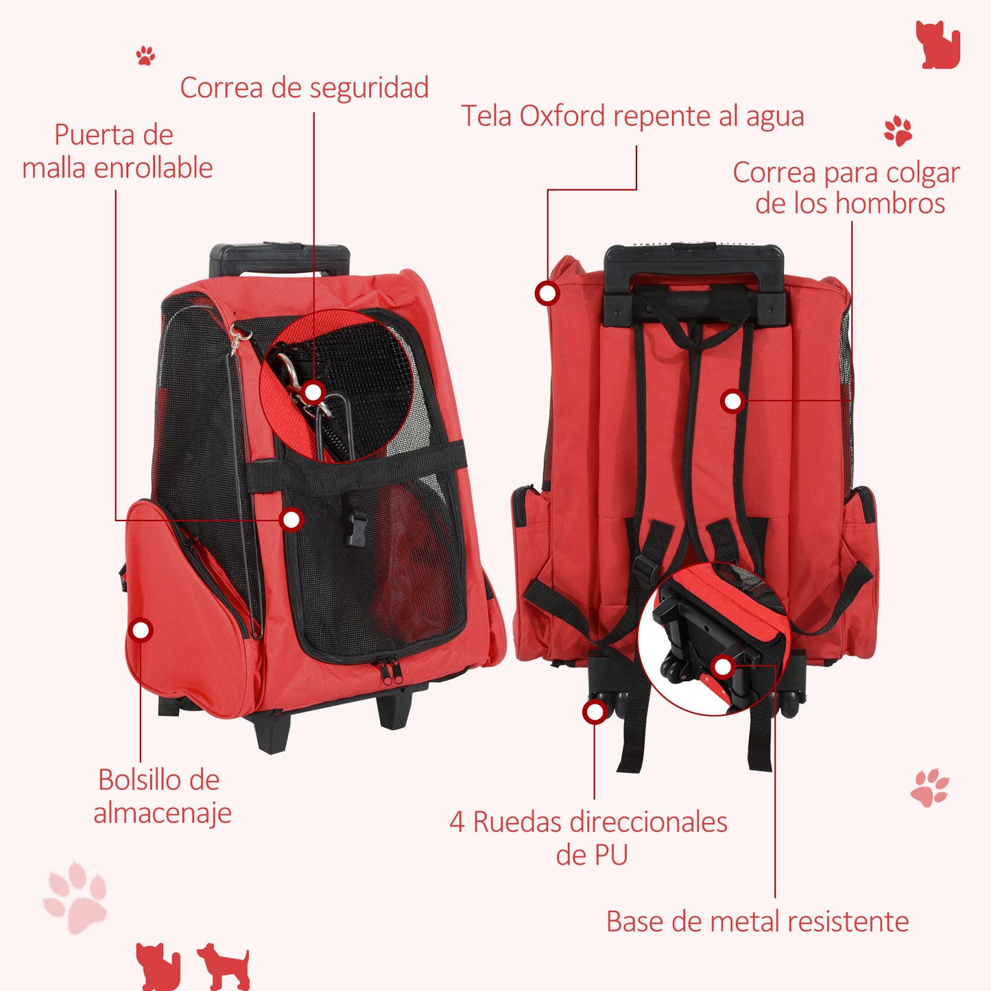 PawHut Transportin Carrito Perro 2 en 1 Mochila Carrito 42x25x55 cm Mascotas Perro Gato Rojo