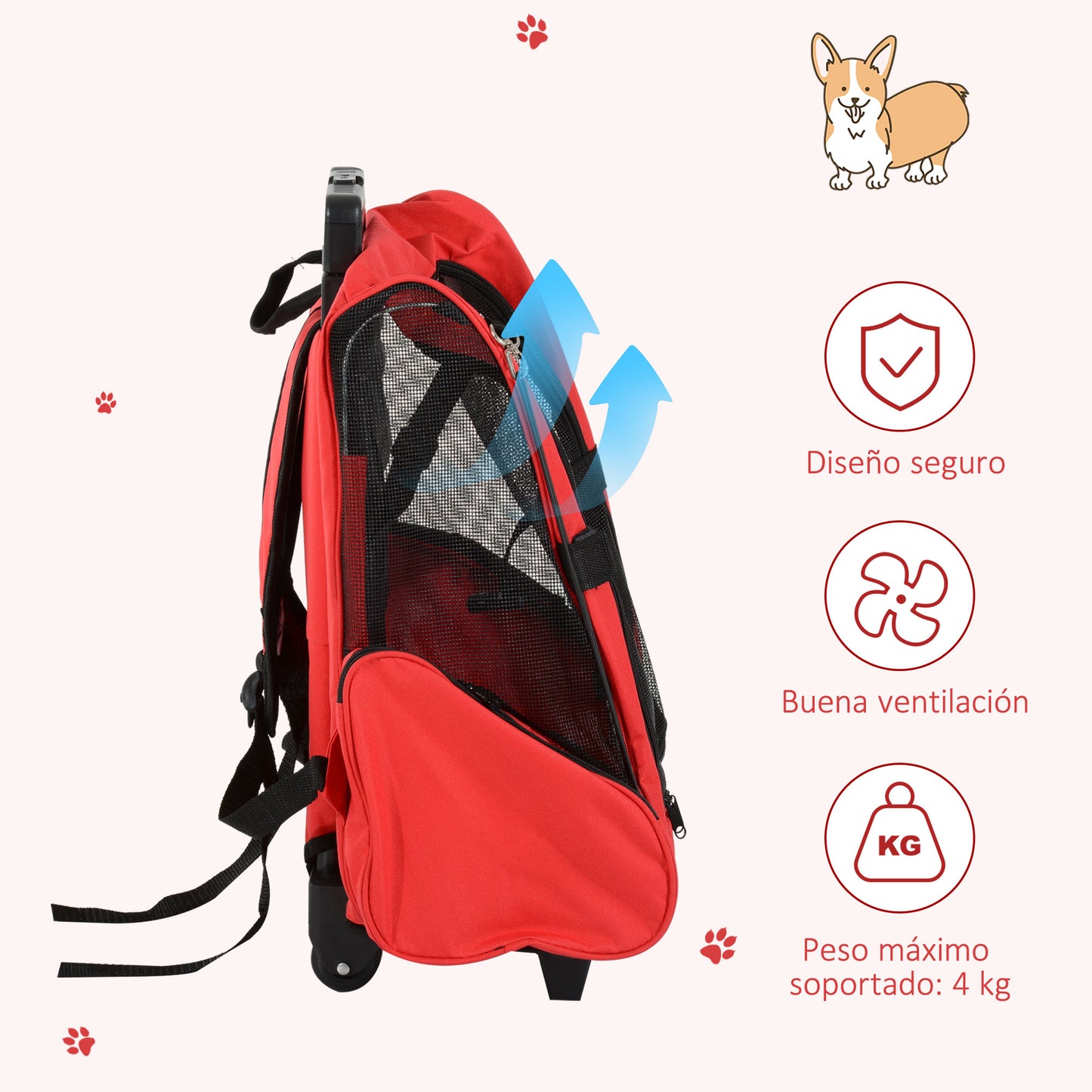 PawHut Transportin Carrito Perro 2 en 1 Mochila Carrito 42x25x55 cm Mascotas Perro Gato Rojo