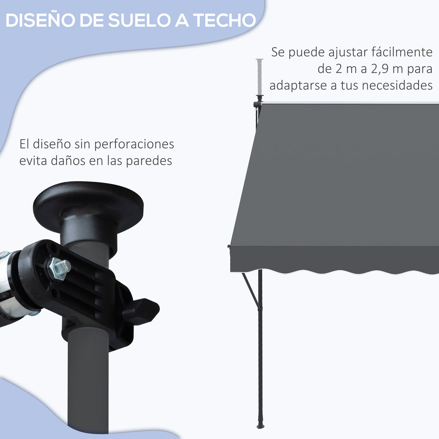 Outsunny Toldo Manual Retráctil Toldo para Balcón con Altura Ajustable Manivela y Protección Solar para Terraza Jardín Gris