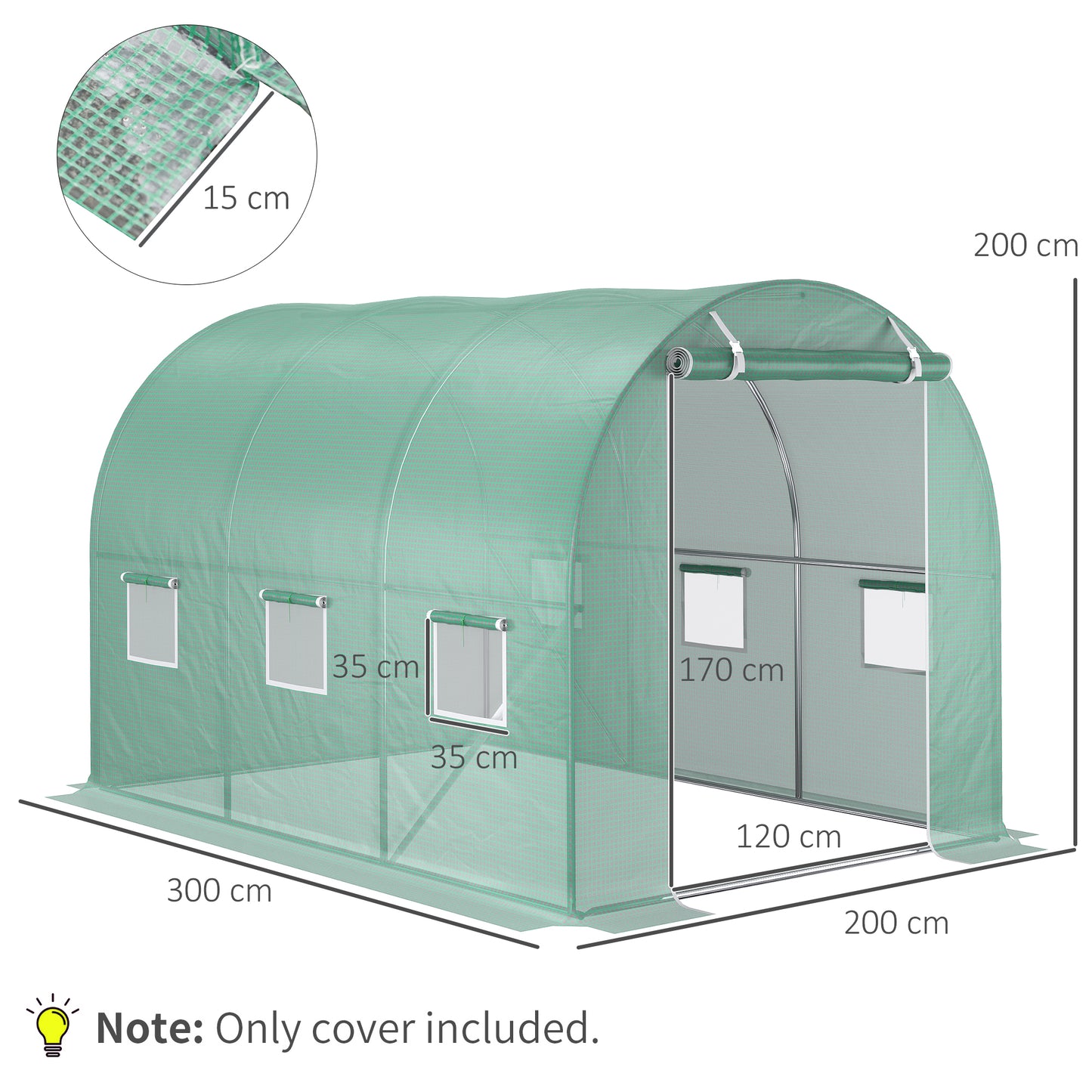 Outsunny Cubierta de Invernadero de Túnel 3x2x2 m Cubierta de Repuesto Invernadero Polietileno con 6 Ventanas y Puerta Enrollable Protección de Plantas para Jardín Verde