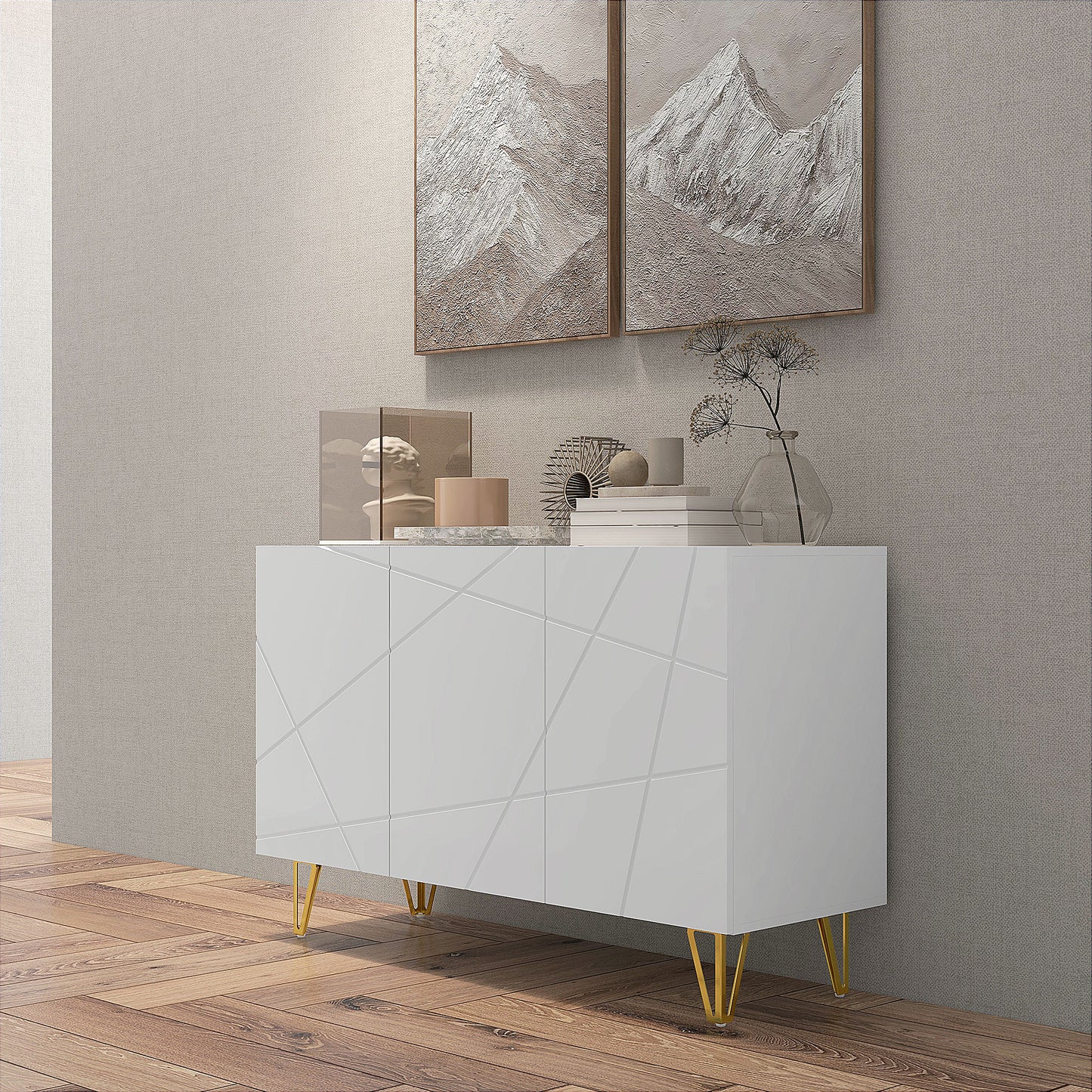 HOMCOM Aparador para Salón Aparador de Entrada con 3 Puertas y Estantes Ajustables Armario de Almacenamiento para Cocina Sala 120x40x75 cm Blanco Brillante