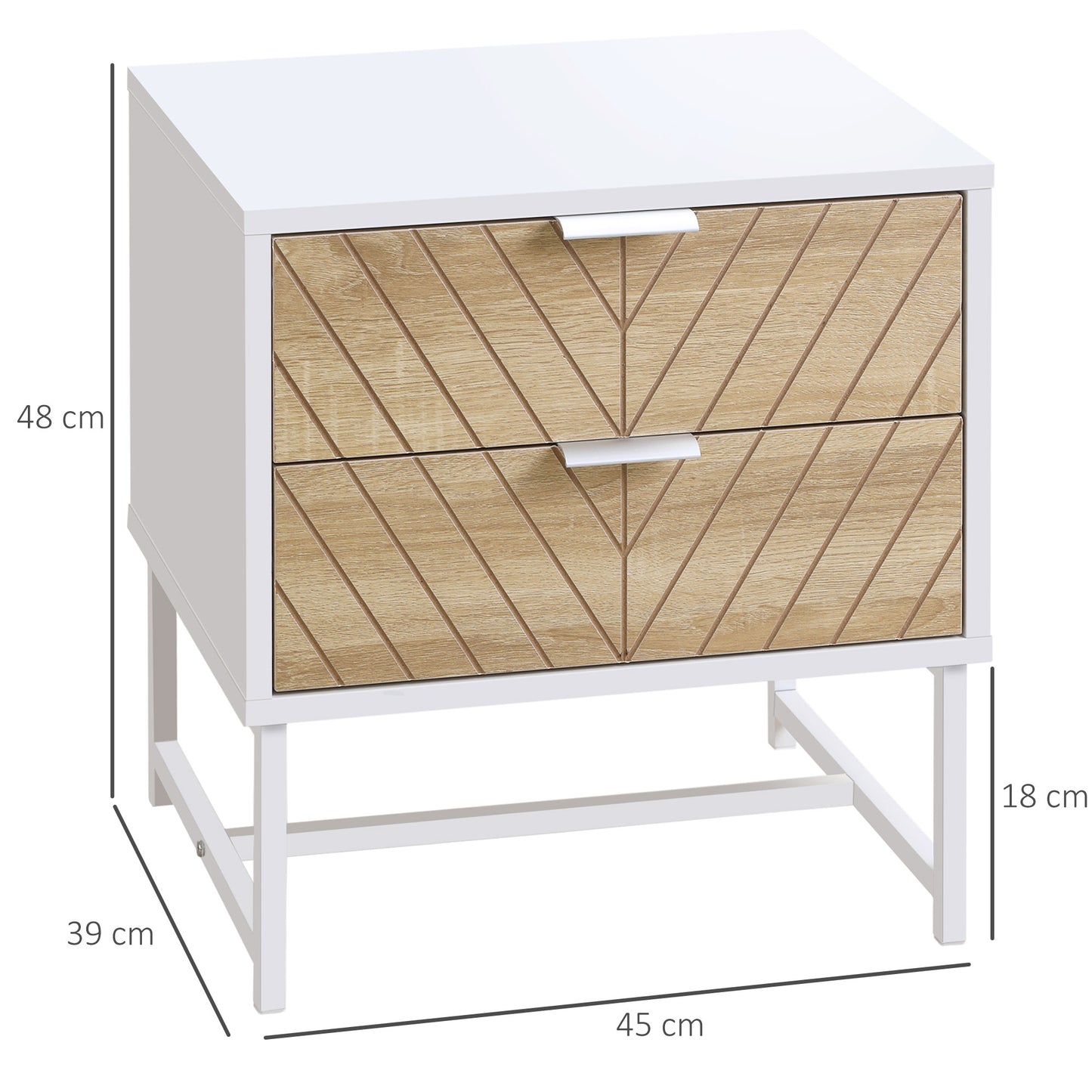 HOMCOM Conjunto de 2 Mesillas de Noche Mesitas de Noche de 2 Cajones y Patas de Acero Estilo Moderno Mesitas Auxiliares para Salón Dormitorio 45x39x48 cm Blanco y Roble