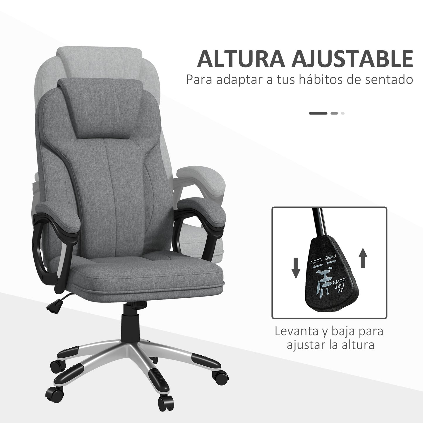 Vinsetto Silla de Oficina Silla de Escritorio Silla de Estudio Giratoria Tapizada en Tela con Función de Basculante Altura Ajustable Reposabrazos 66x75x110-120 cm Gris