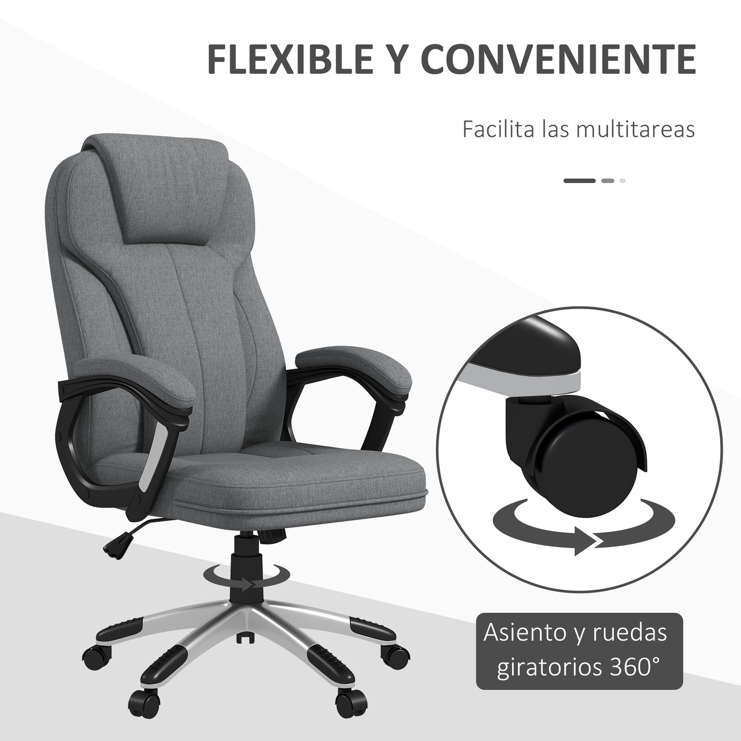 Vinsetto Silla de Oficina Silla de Escritorio Silla de Estudio Giratoria Tapizada en Tela con Función de Basculante Altura Ajustable Reposabrazos 66x75x110-120 cm Gris