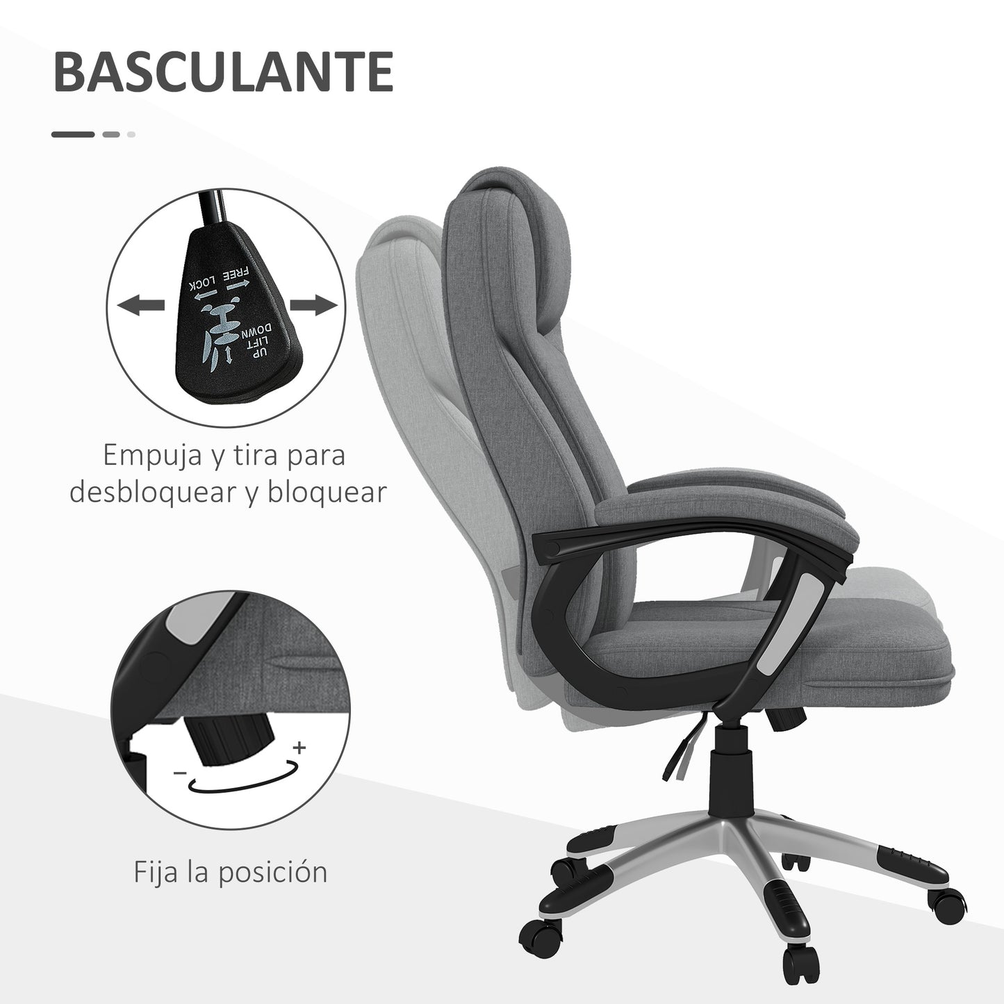 Vinsetto Silla de Oficina Silla de Escritorio Silla de Estudio Giratoria Tapizada en Tela con Función de Basculante Altura Ajustable Reposabrazos 66x75x110-120 cm Gris