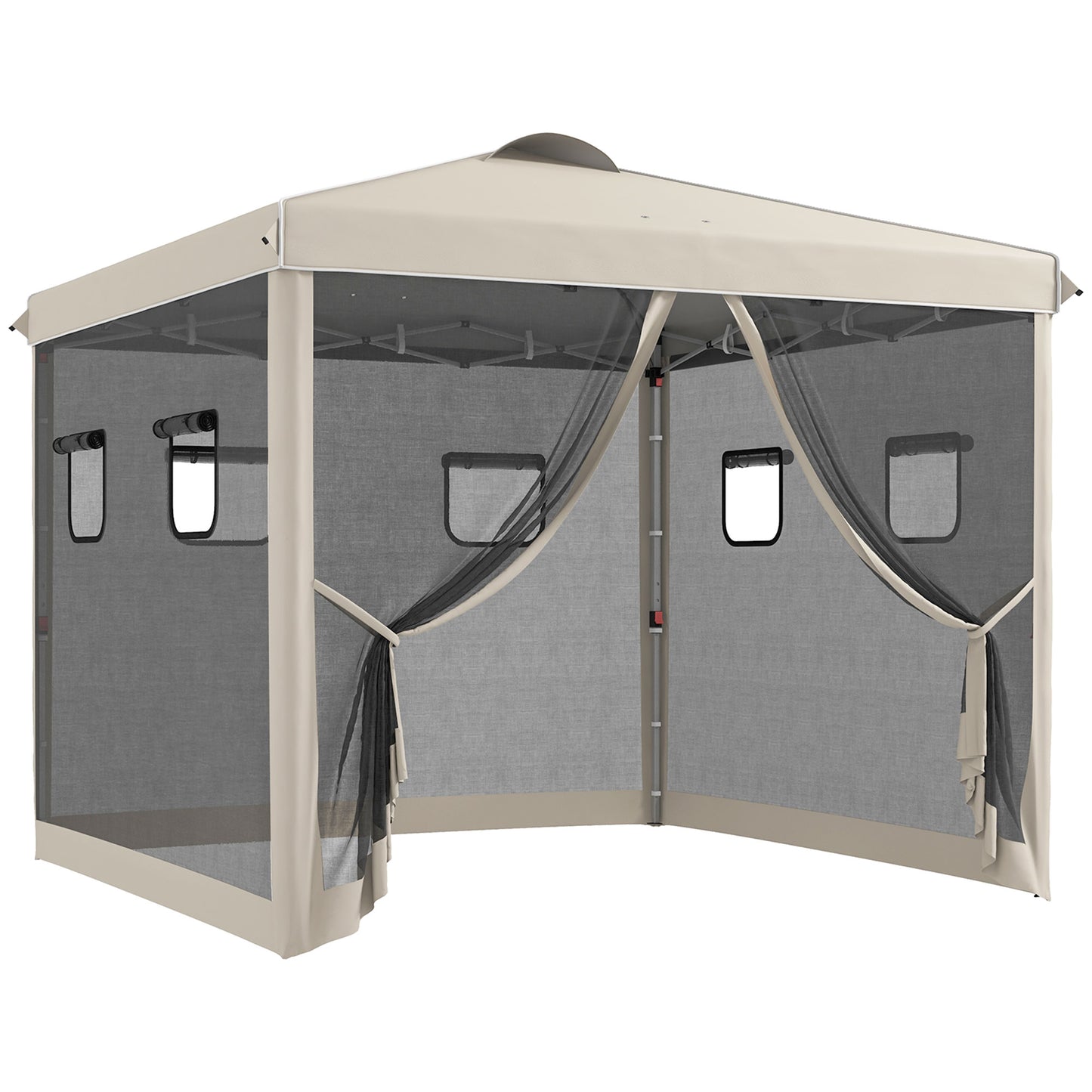 Outsunny Carpa Plegable 3x3 m Cenador de Jardín con Pared Lateral de Malla 6 Ventanas Altura Ajustable en 3 Niveles Protección Rayos UV30+ e Impermeable Gazebo para Exterior Camping Fiestas Beige