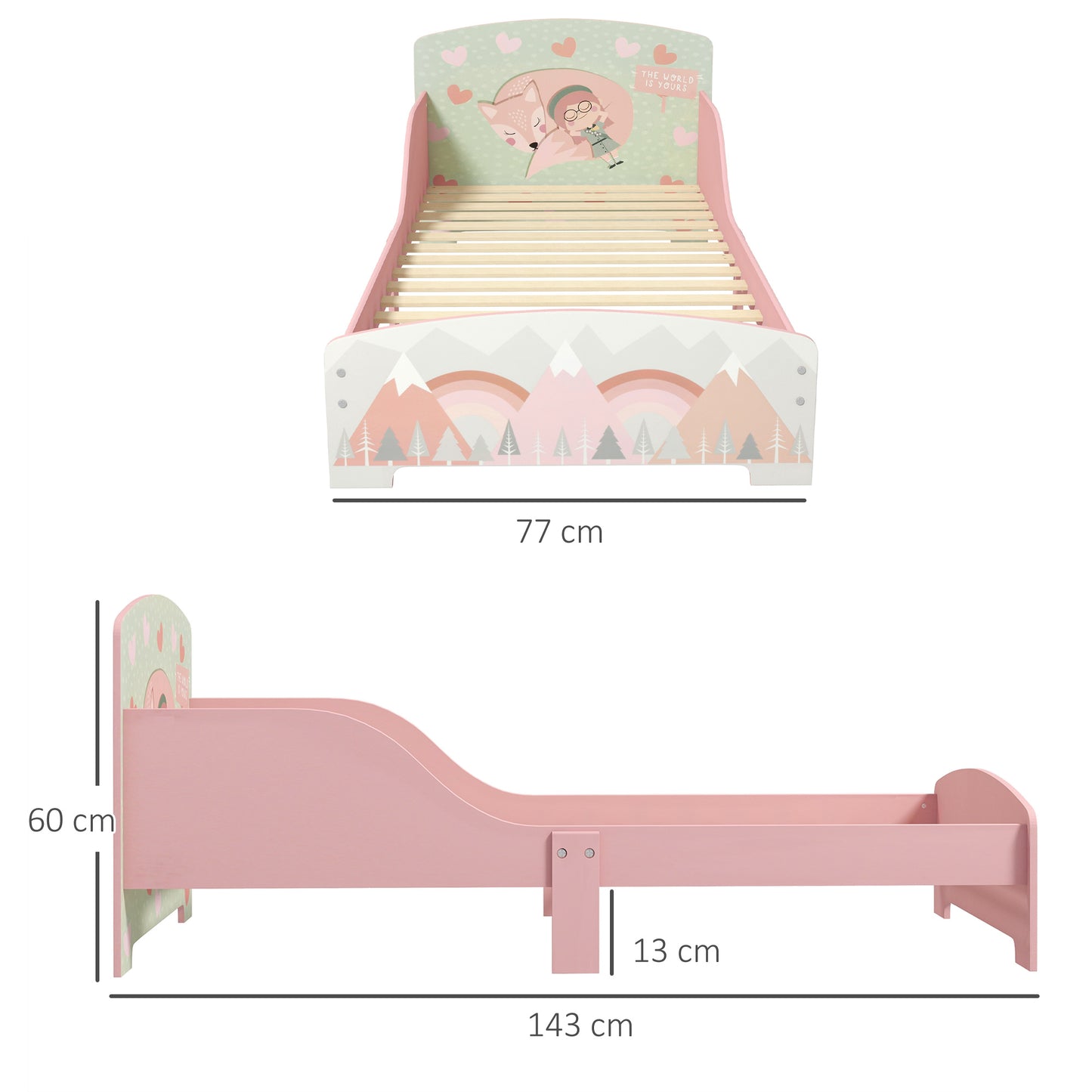 ZONEKIZ Cama Infantil de Madera 143x77x60 cm Cama para Niños de 3-6 Años con Barreras de Protección y Estampados Carga Máx. 40 kg Mueble de Dormitorio Moderno Rosa