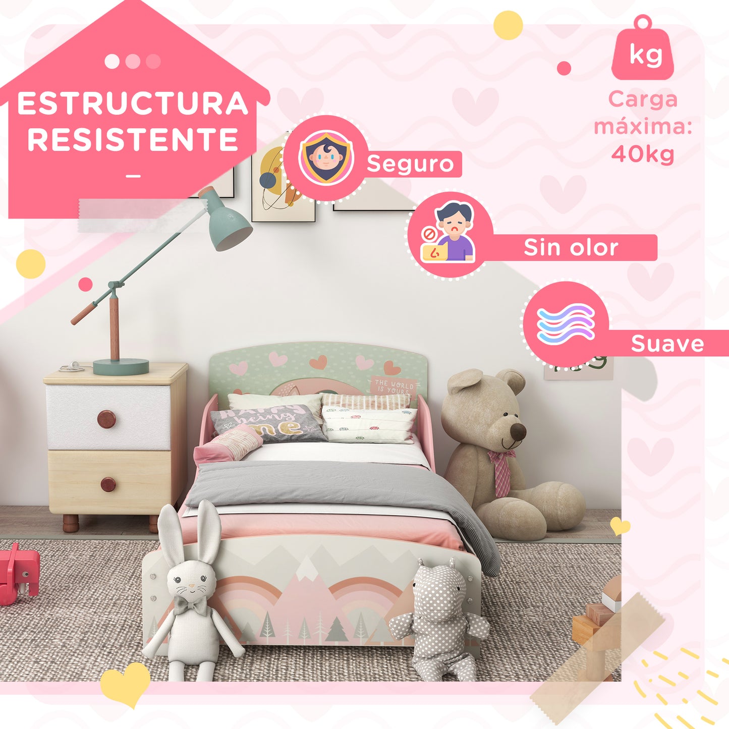 ZONEKIZ Cama Infantil de Madera 143x77x60 cm Cama para Niños de 3-6 Años con Barreras de Protección y Estampados Carga Máx. 40 kg Mueble de Dormitorio Moderno Rosa