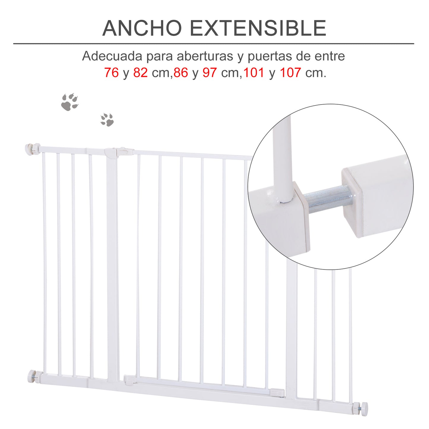 PawHut Barrera de Seguridad Extensible Puertas y Escaleras Metálica para Perros y Bebé Barrera Puertas Mascota 76-107x76 cm Blanco