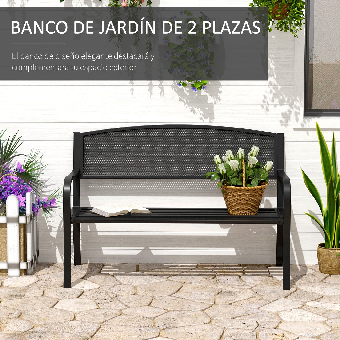 Outsunny Banco de Jardín de 2 Plazas Banco Exterior con Respaldo de Malla de Acero Carga 240 kg para Patio Terraza Balcón 127x60x87 cm Negro