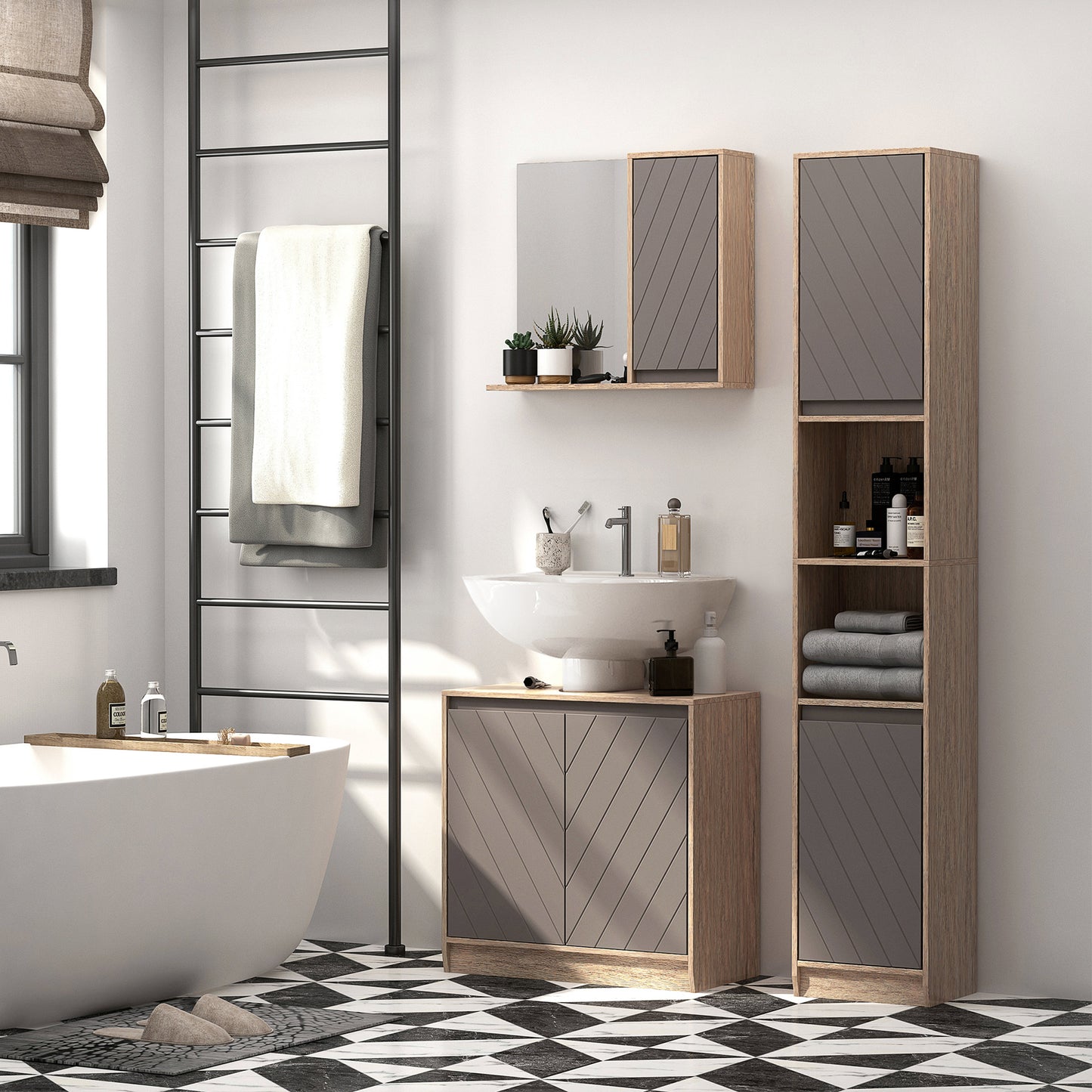 HOMCOM Conjunto de Baño Incluye 1 Mueble para Debajo del Lavabo 1 Armario de Baño con Espejo y 1 Columna de Baño con Estante Ajustable Roble y Gris