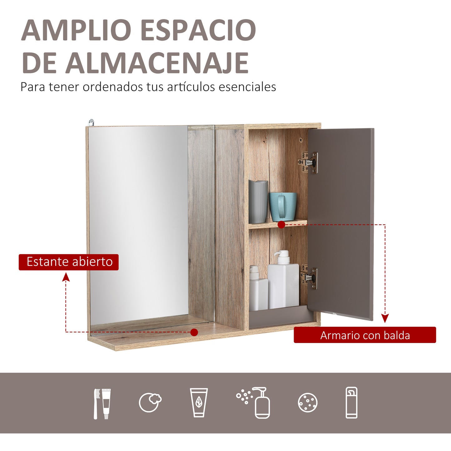 HOMCOM Conjunto de Baño Incluye 1 Mueble para Debajo del Lavabo 1 Armario de Baño con Espejo y 1 Columna de Baño con Estante Ajustable Roble y Gris