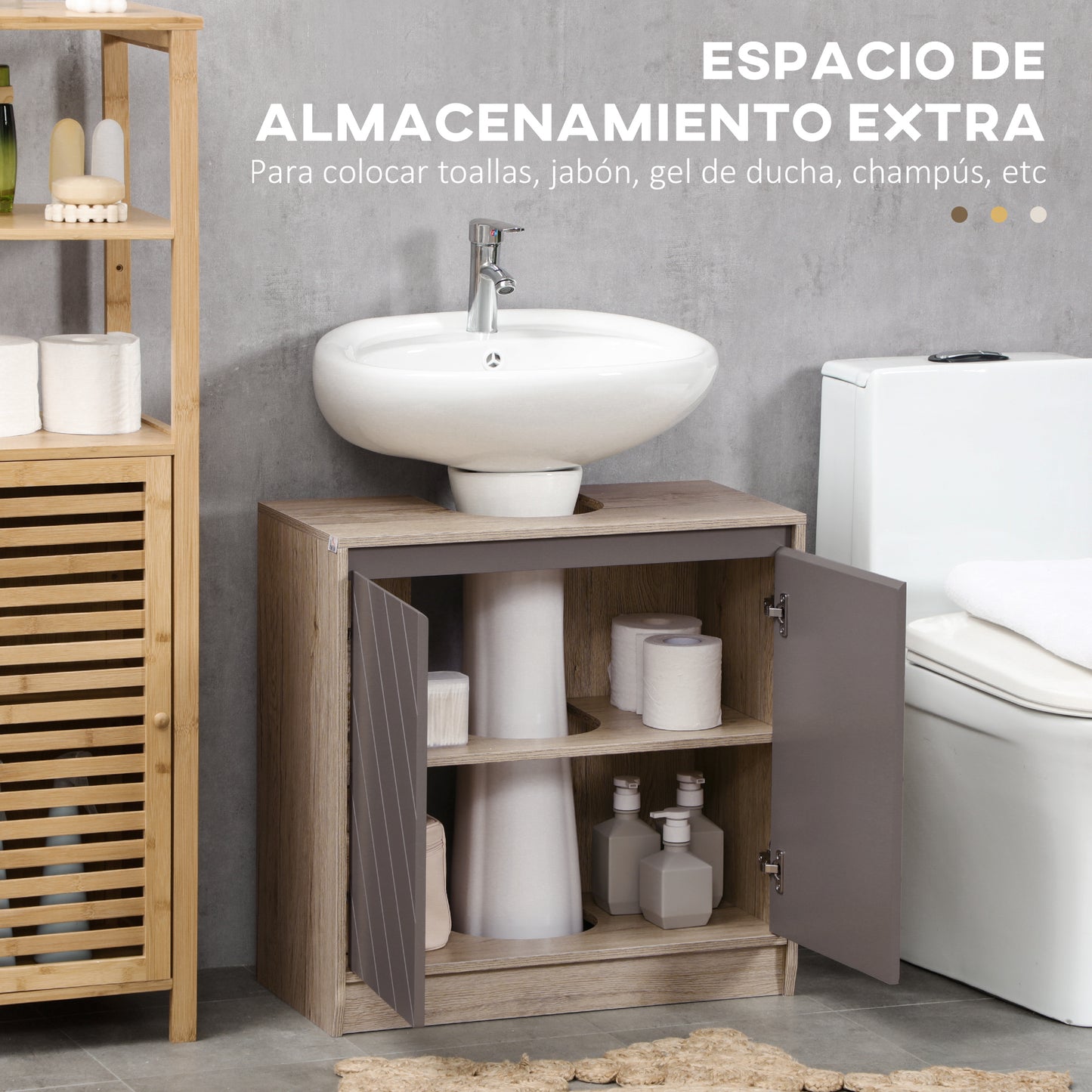 HOMCOM Conjunto de Baño Incluye 1 Mueble para Debajo del Lavabo 1 Armario de Baño con Espejo y 1 Columna de Baño con Estante Ajustable Roble y Gris