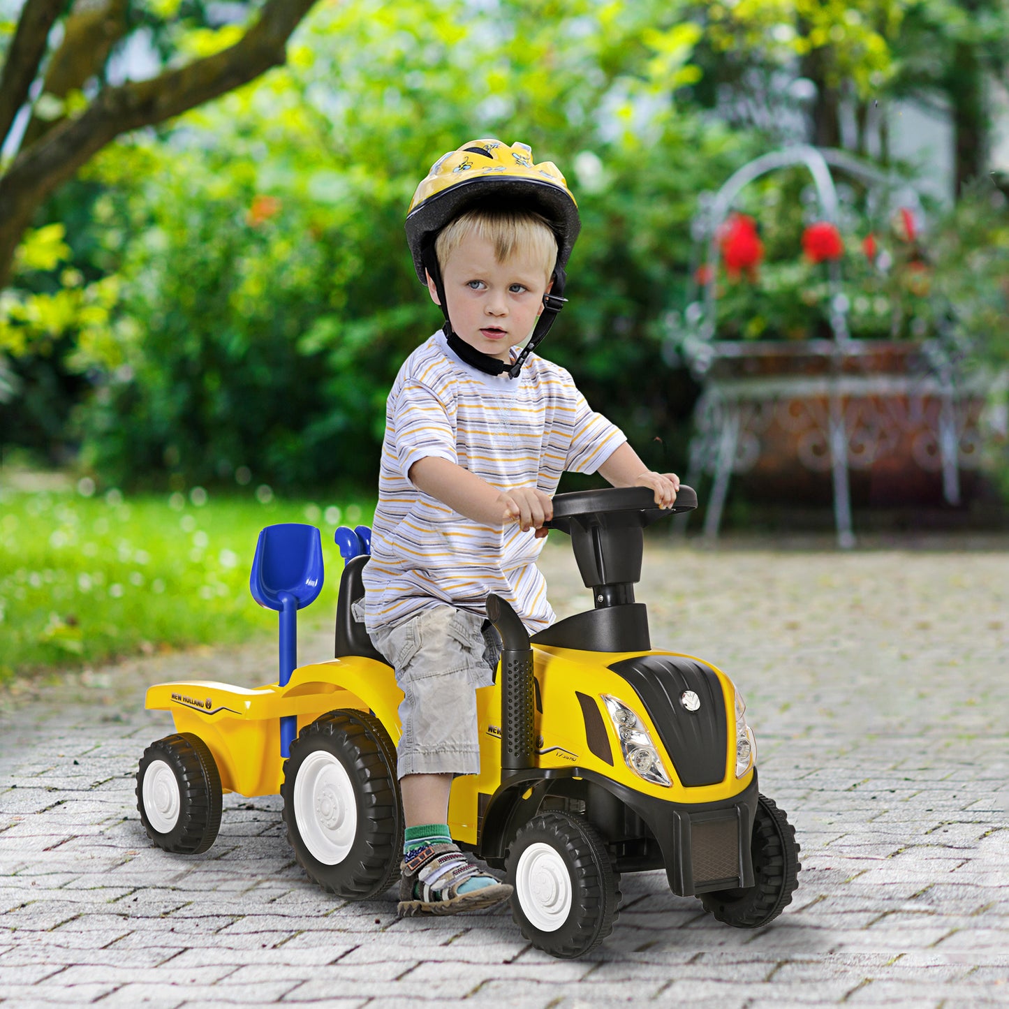 HOMCOM Tractor sin Pedales para Niños de 12-36 Meses con Remolque Extraíble Coche Correpasillos con Bocina Faros Pala Asiento de Suelo 25 cm y Rastrillo Carga 25 kg 91x29x44 cm Amarillo