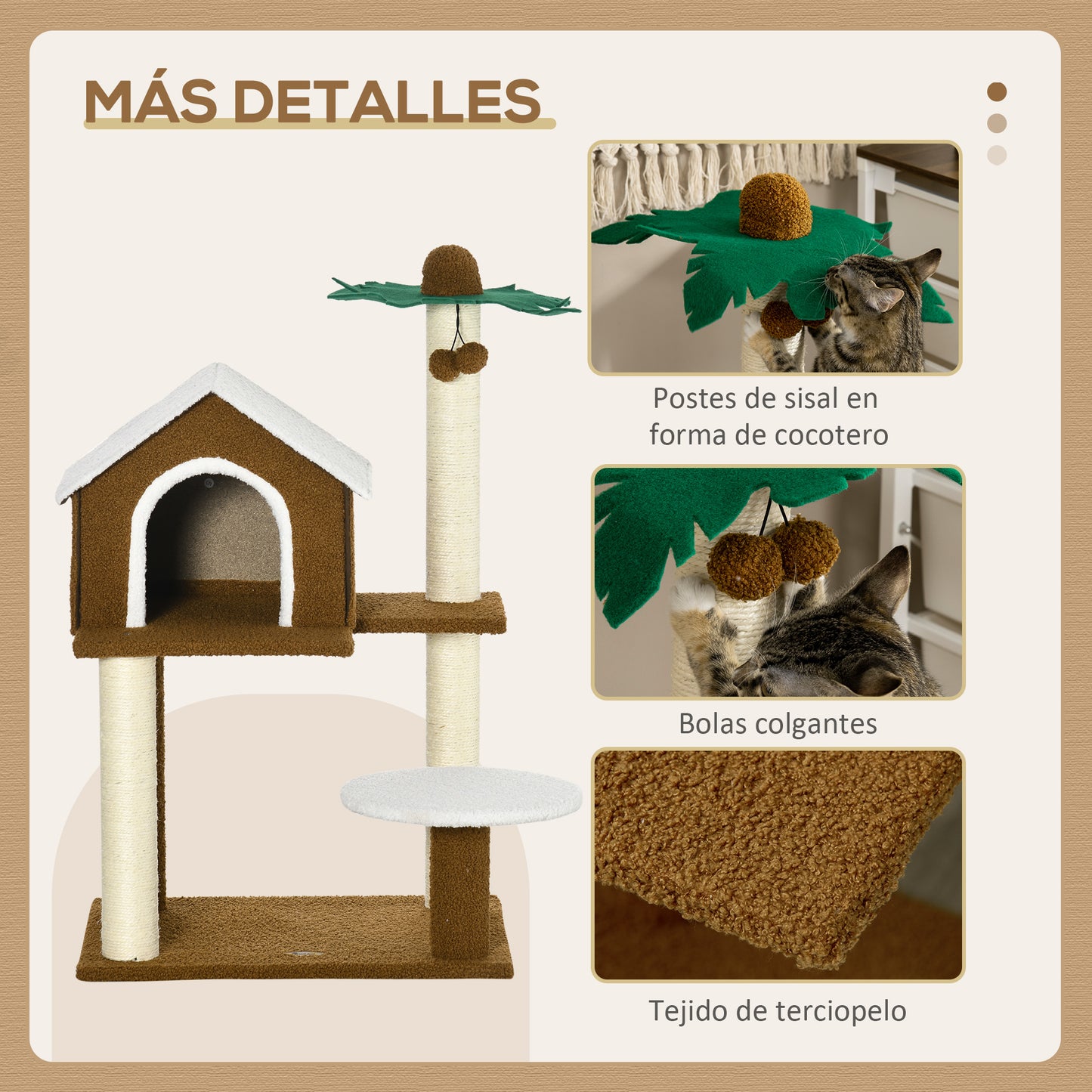 PawHut Árbol Rascador para Gatos Altura 89 cm Torre para Gatos con Caseta de Felpa Plataforma Poste en Forma de Coco de Sisal y Bolas Colgantes 55x40x89 cm Marrón