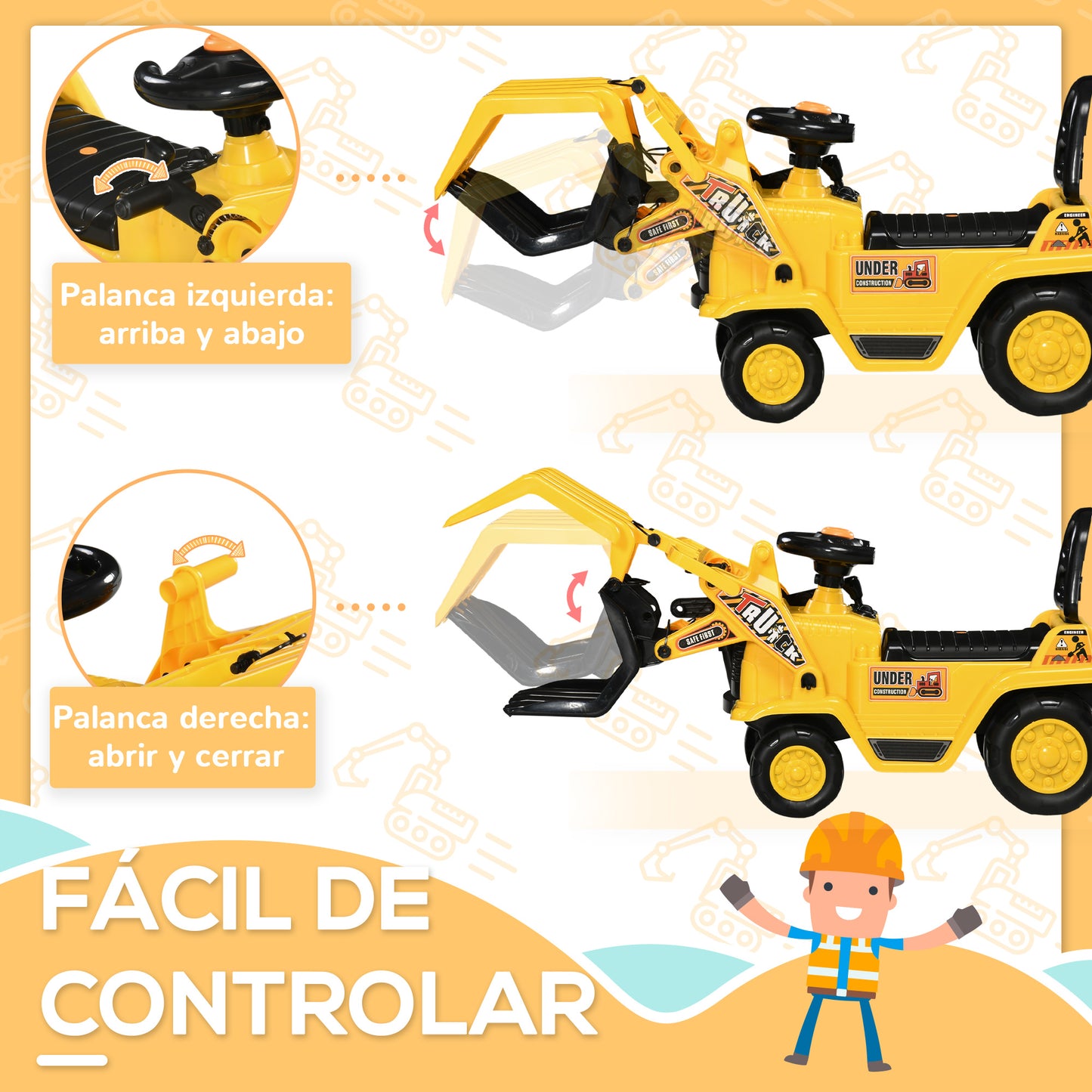 HOMCOM Tractor sin Pedales para Niños de +3 Años Excavadora Correpasillos Tractor Correpasillos con Pala Móvil Asiento de Almacenamiento y Bocina Carga 30 kg 83x27x39 cm Amarillo