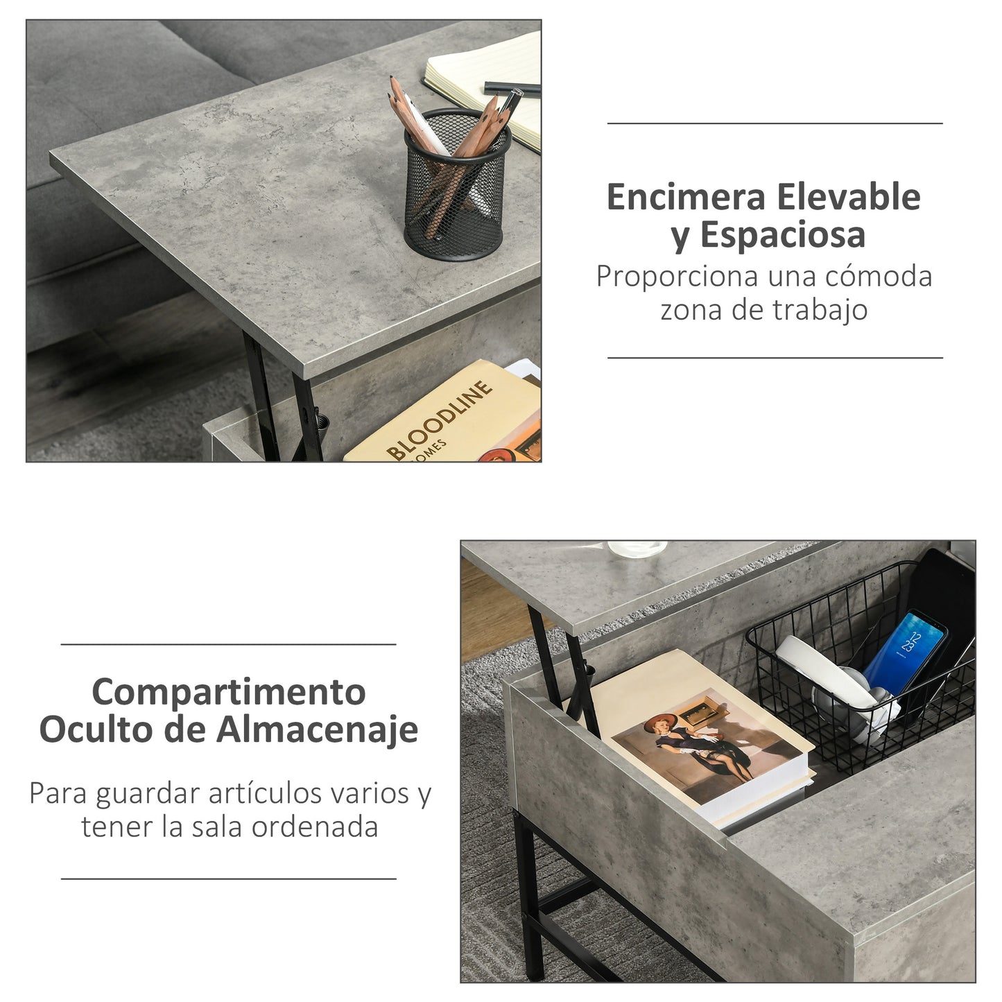 HOMCOM Mesa de Centro Elevable Mesa de Centro con Espacio de Almacenaje Oculto Mesa Elevable para Salón Comedor 90x60,5x45,5 cm Gris Cemento