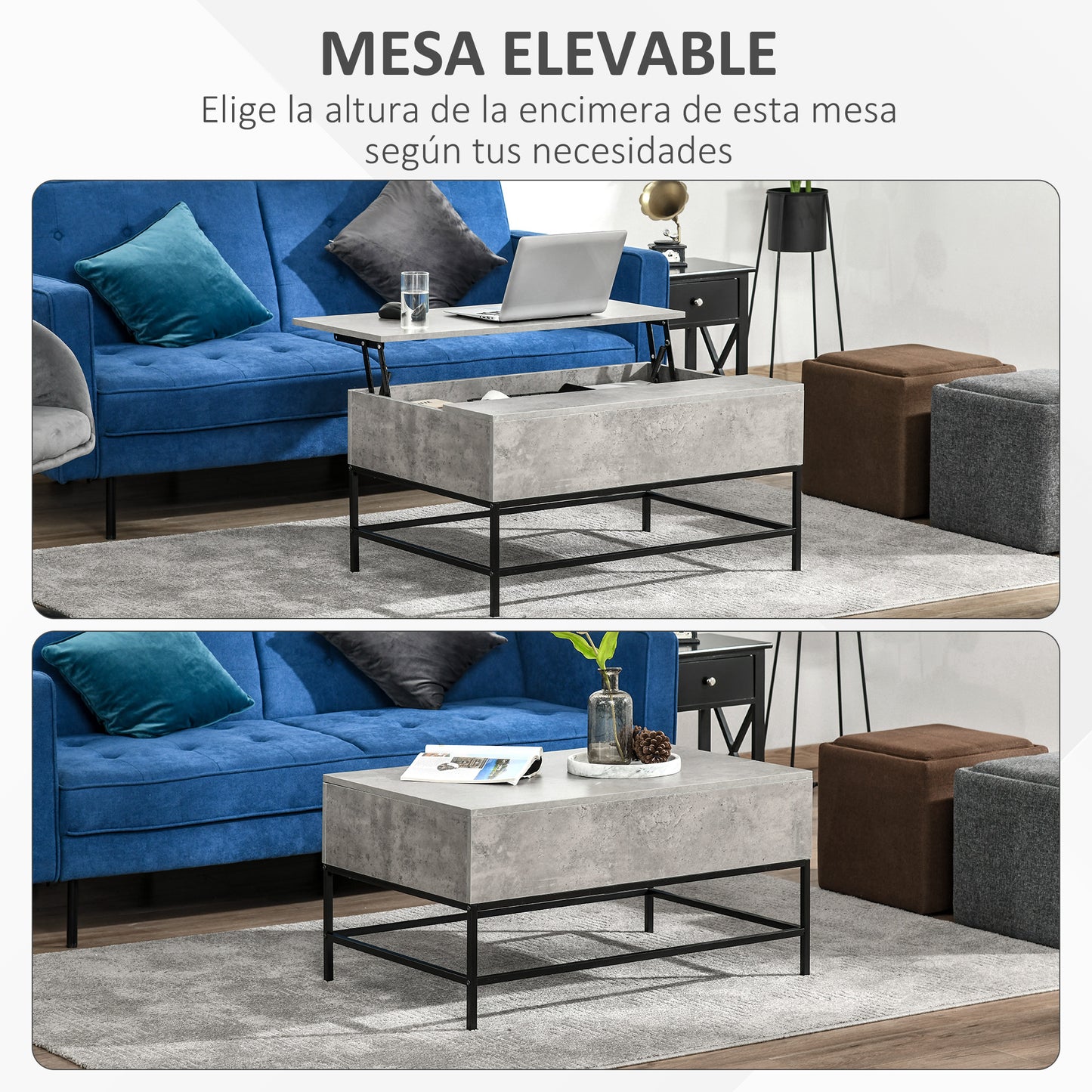 HOMCOM Mesa de Centro Elevable Mesa de Centro con Espacio de Almacenaje Oculto Mesa Elevable para Salón Comedor 90x60,5x45,5 cm Gris Cemento