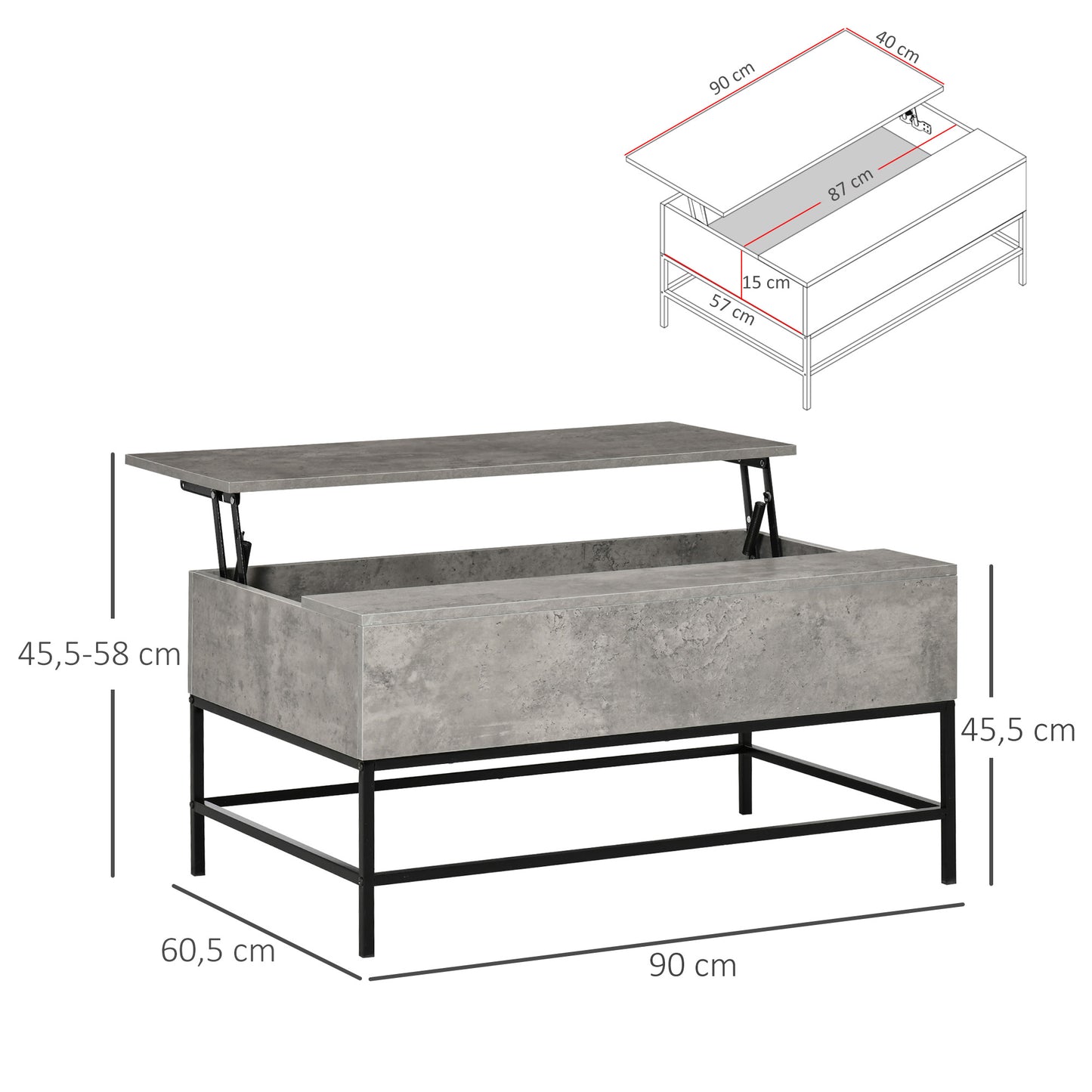 HOMCOM Mesa de Centro Elevable Mesa de Centro con Espacio de Almacenaje Oculto Mesa Elevable para Salón Comedor 90x60,5x45,5 cm Gris Cemento