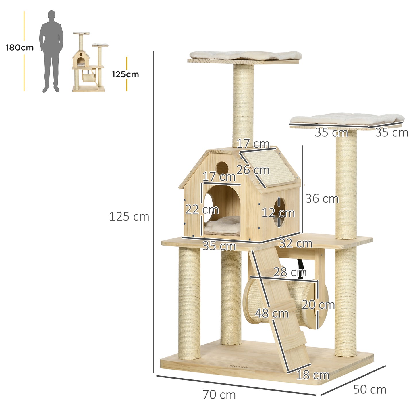 PawHut Árbol Rascador para Gatos de Madera Altura 125 cm Torre para Gatos con Camas Cojín Lavable Cueva Rodillo Postes de Sisal y Rampa 70x50x125 cm Natural