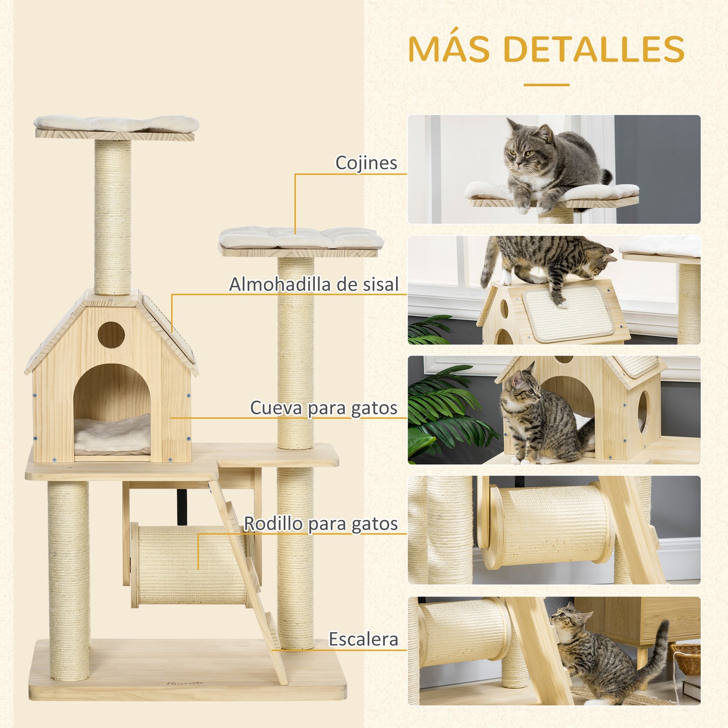 PawHut Árbol Rascador para Gatos de Madera Altura 125 cm Torre para Gatos con Camas Cojín Lavable Cueva Rodillo Postes de Sisal y Rampa 70x50x125 cm Natural