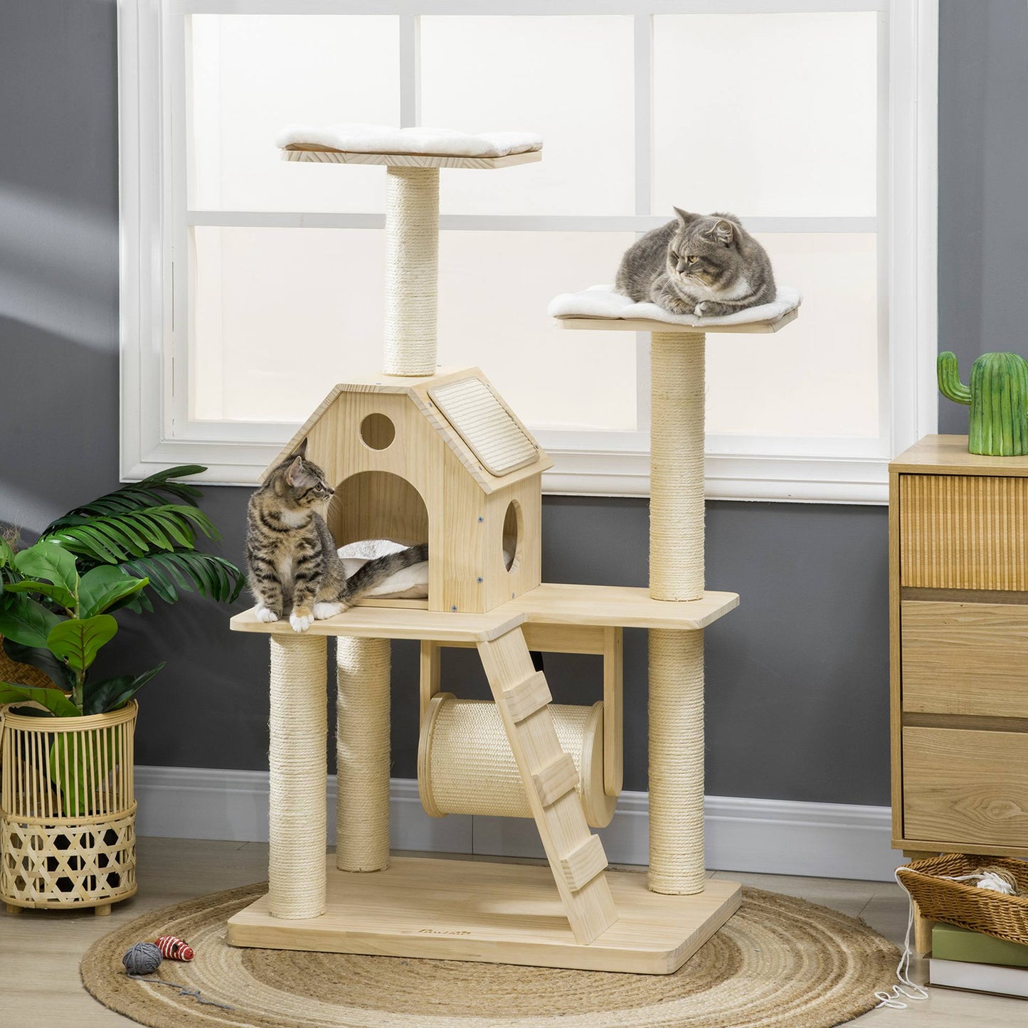 PawHut Árbol Rascador para Gatos de Madera Altura 125 cm Torre para Gatos con Camas Cojín Lavable Cueva Rodillo Postes de Sisal y Rampa 70x50x125 cm Natural