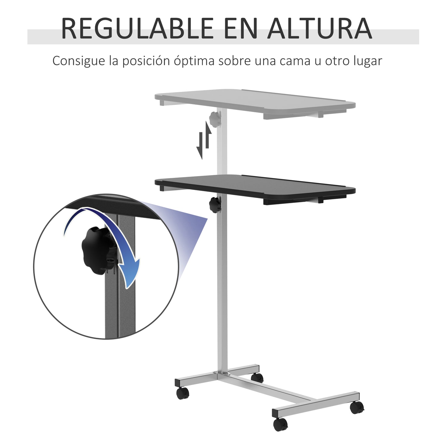 HOMCOM Mesa Auxiliar con Ruedas Mesa para Sofá con Altura Ajustable y Marco de Metal Carga 20 kg para Dormitorio Salón Oficina 77x40x76-100 cm Negro y Plata