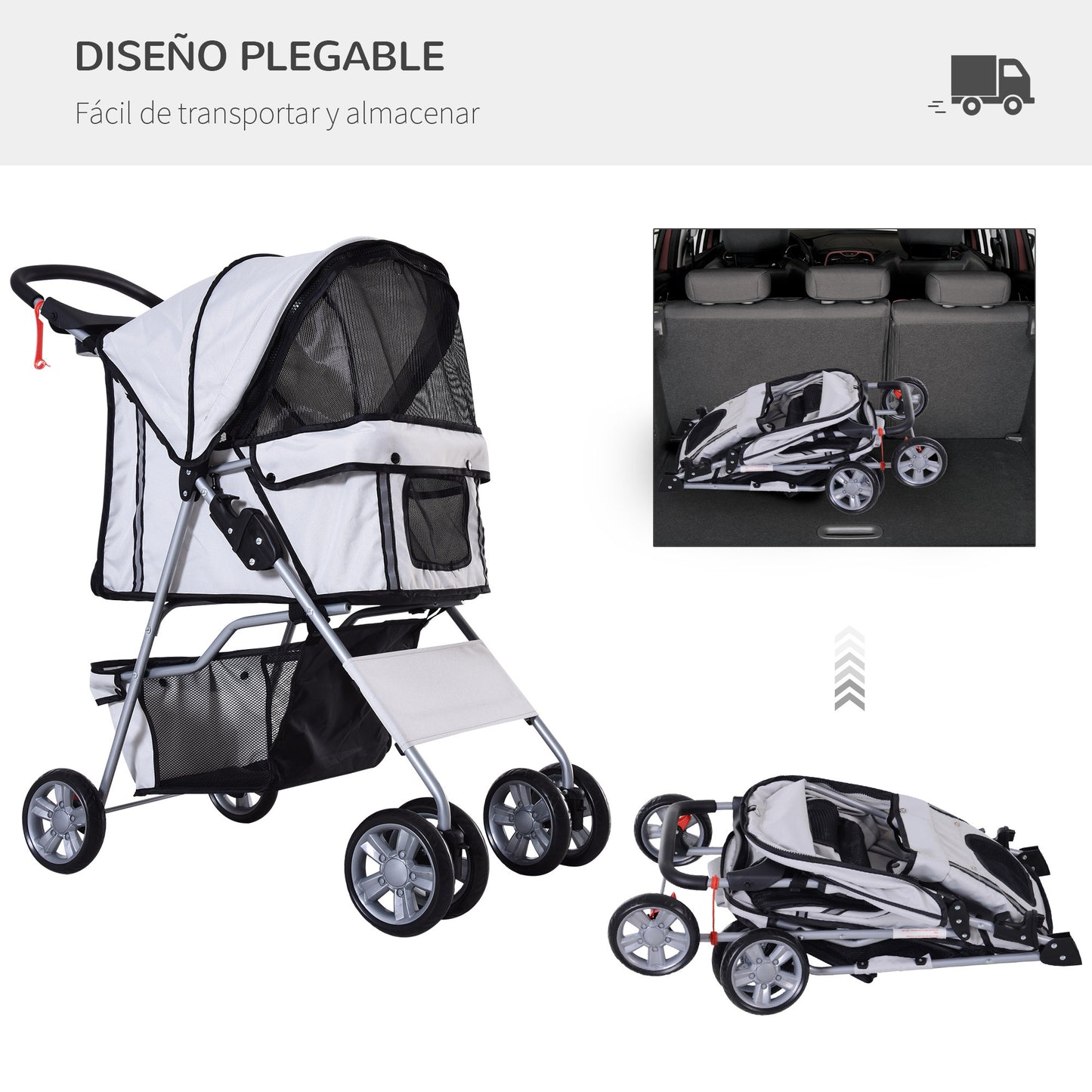 PawHut Carrito para Perros Plegable Cochecito para Mascotas Carrito para Perros Pequeños con Toldo Ajustable Cesta de Almacenaje Ventanas de Malla Portavasos y 2 Ruedas Universales 75x45x97 cm Gris