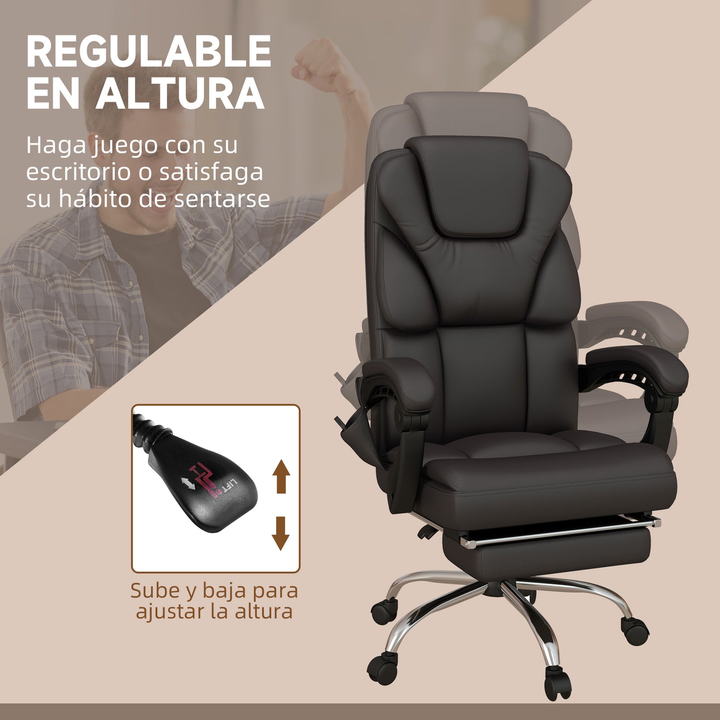 Vinsetto Silla de Oficina con 6 Puntos de Masaje Silla de Escritorio Reclinable de PU con Control Remoto Respaldo Alto Reposapiés y Bolsillo 63x57x118-126 cm Marrón