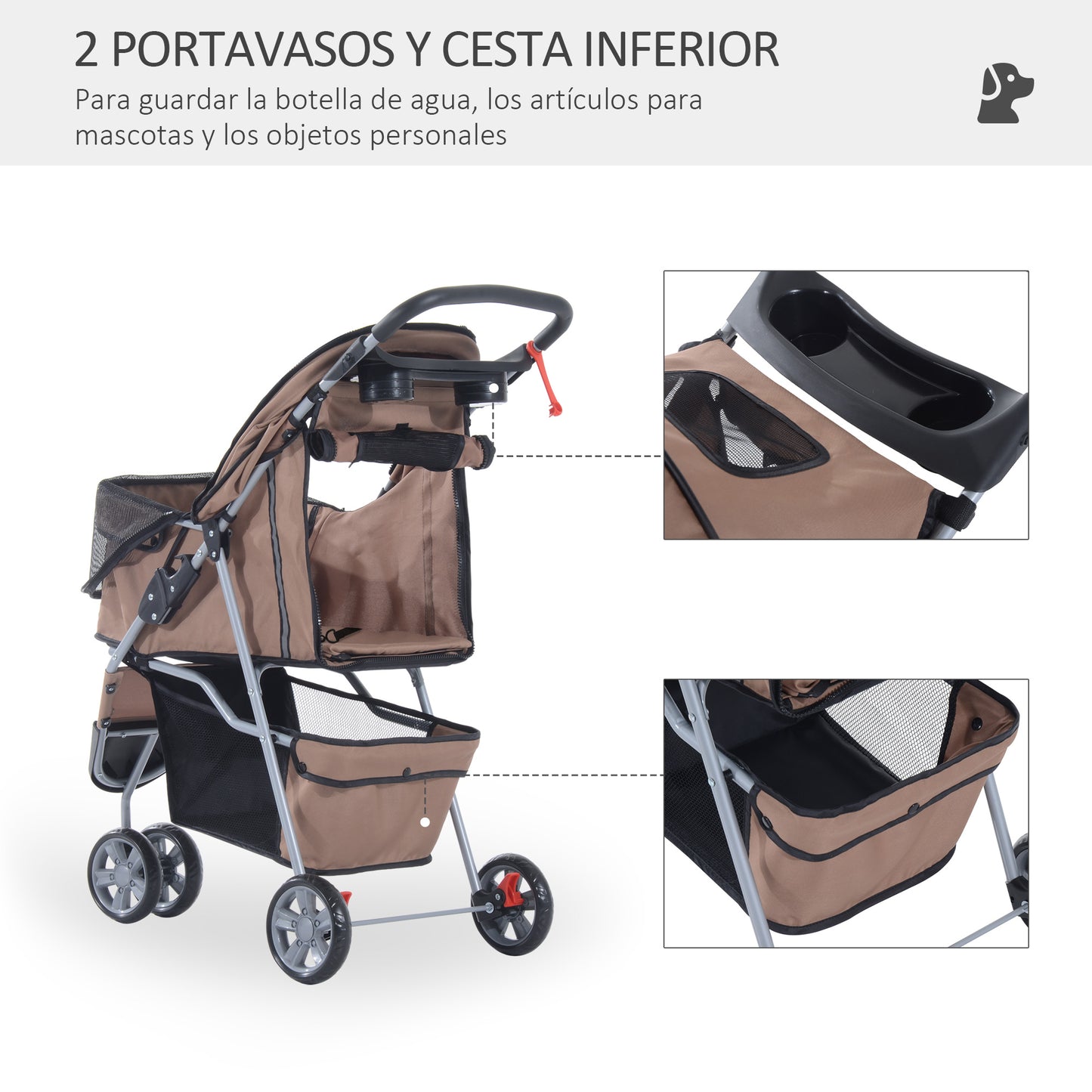 PawHut Carrito para Perros Plegable Cochecito para Mascotas Carrito para Perros Pequeños con Cesta de Almacenaje Ventanas de Malla y 2 Ruedas Universales 75x45x97 cm Café