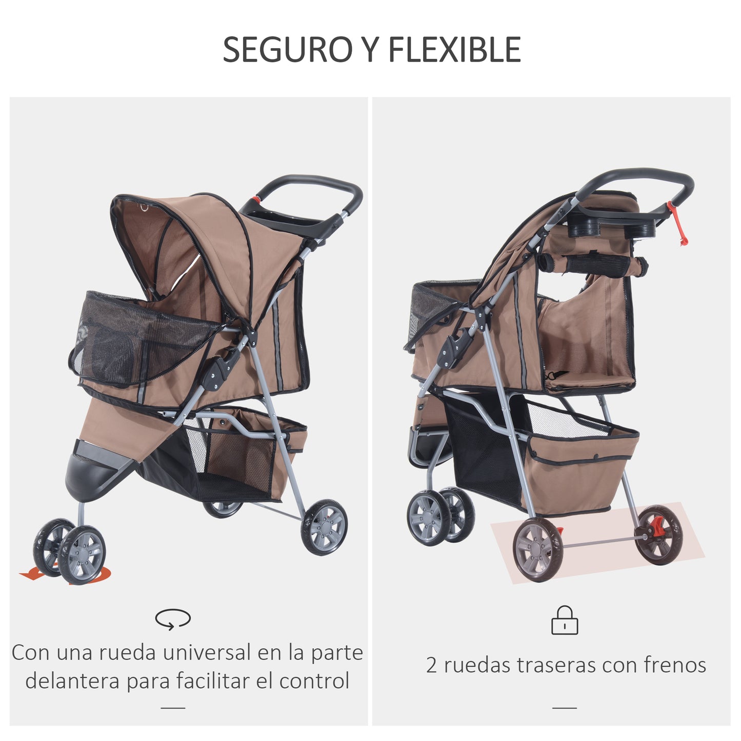 PawHut Carrito para Perros Plegable Cochecito para Mascotas Carrito para Perros Pequeños con Cesta de Almacenaje Ventanas de Malla y 2 Ruedas Universales 75x45x97 cm Café