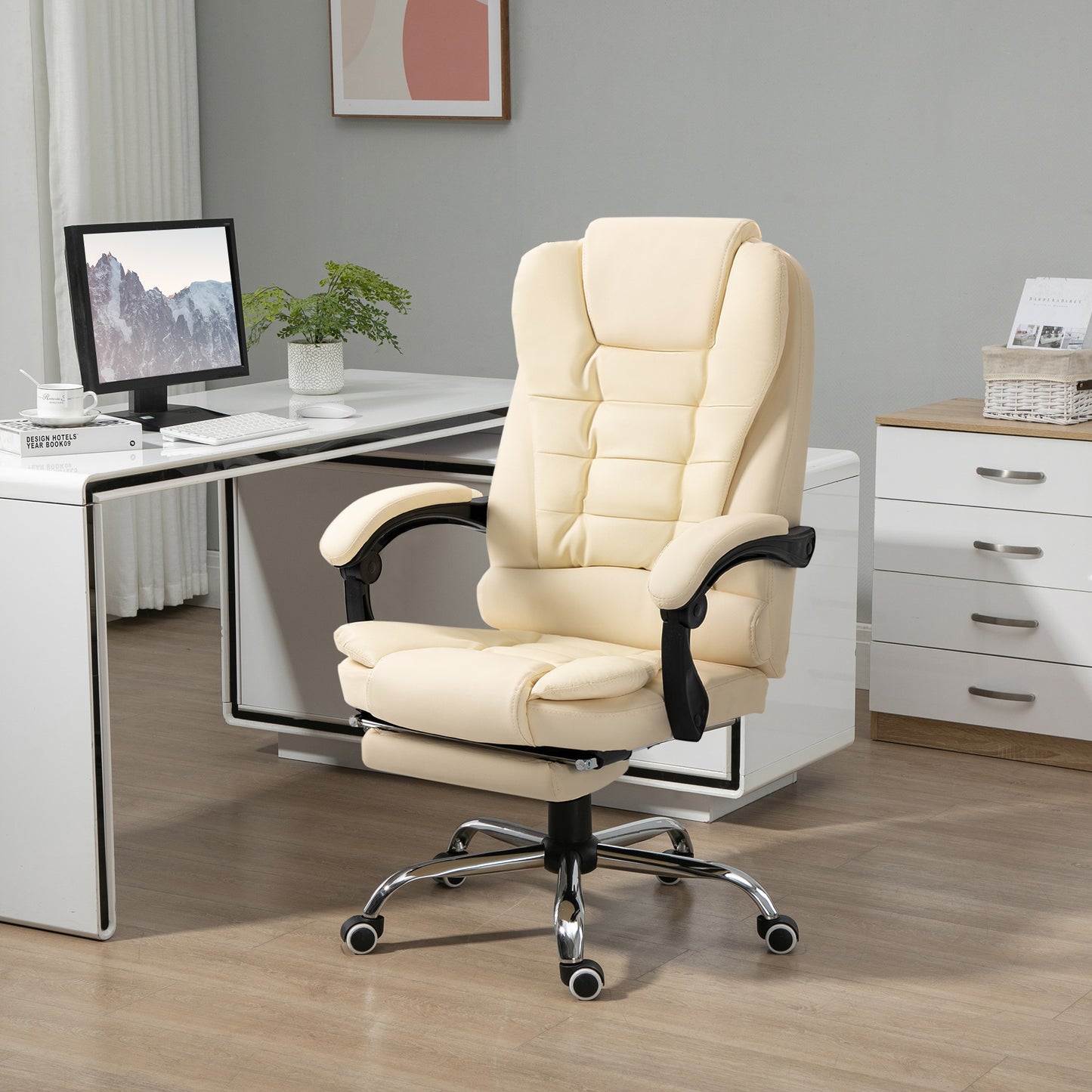 HOMCOM Silla de Oficina Reclinable Silla de Escritorio con Reposapiés Silla Ejecutiva Giratoria con Altura Ajustable Tapizada en PU y Reposabrazos para Estudio Crema