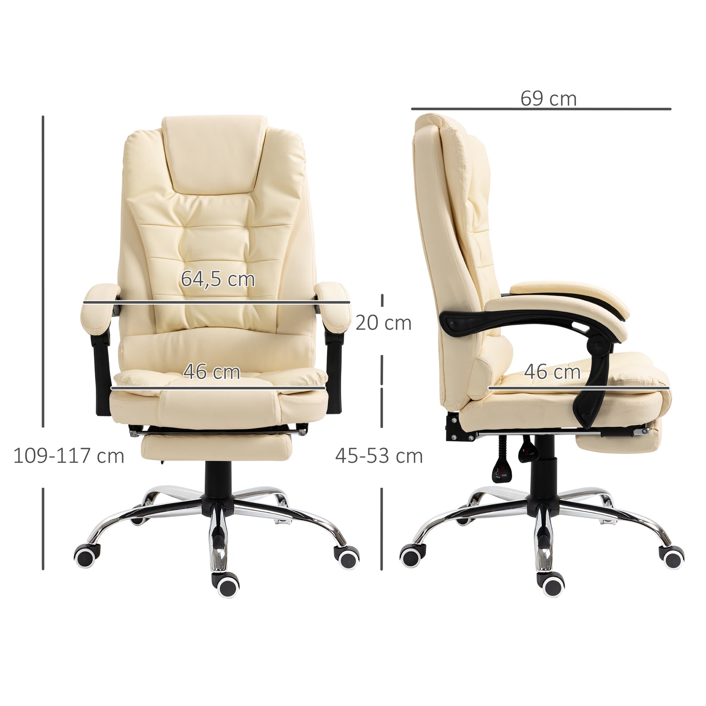 HOMCOM Silla de Oficina Reclinable Silla de Escritorio con Reposapiés Silla Ejecutiva Giratoria con Altura Ajustable Tapizada en PU y Reposabrazos para Estudio Crema