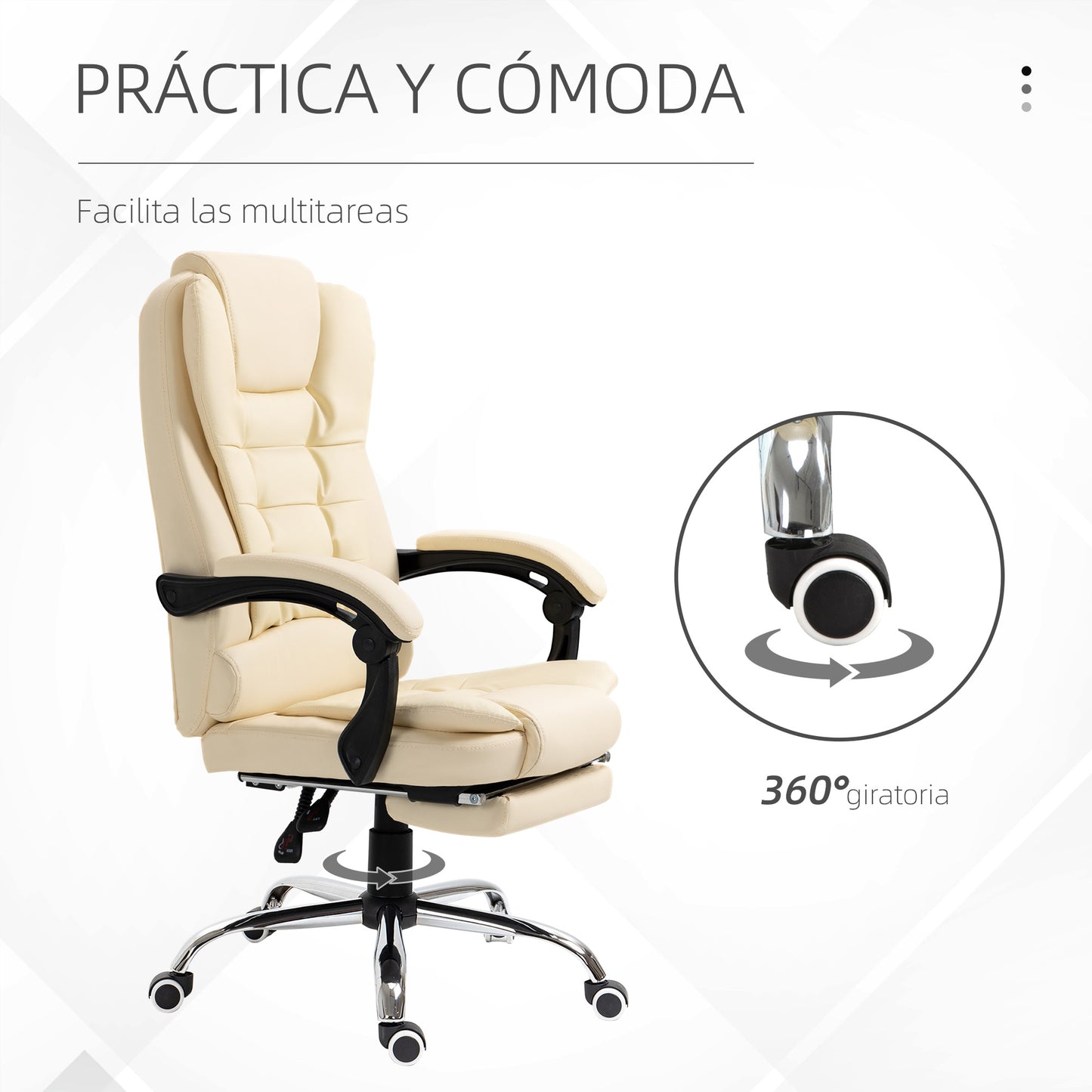 HOMCOM Silla de Oficina Reclinable Silla de Escritorio con Reposapiés Silla Ejecutiva Giratoria con Altura Ajustable Tapizada en PU y Reposabrazos para Estudio Crema