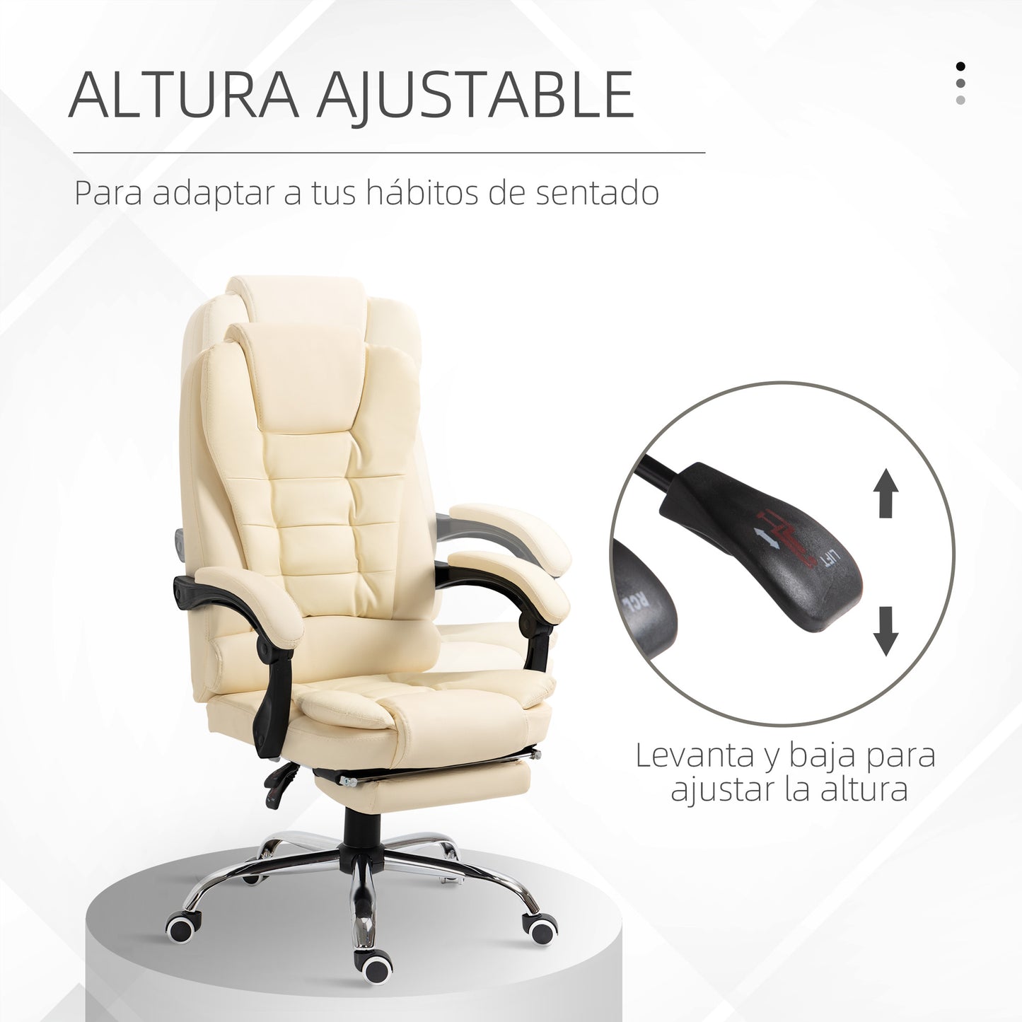 HOMCOM Silla de Oficina Reclinable Silla de Escritorio con Reposapiés Silla Ejecutiva Giratoria con Altura Ajustable Tapizada en PU y Reposabrazos para Estudio Crema