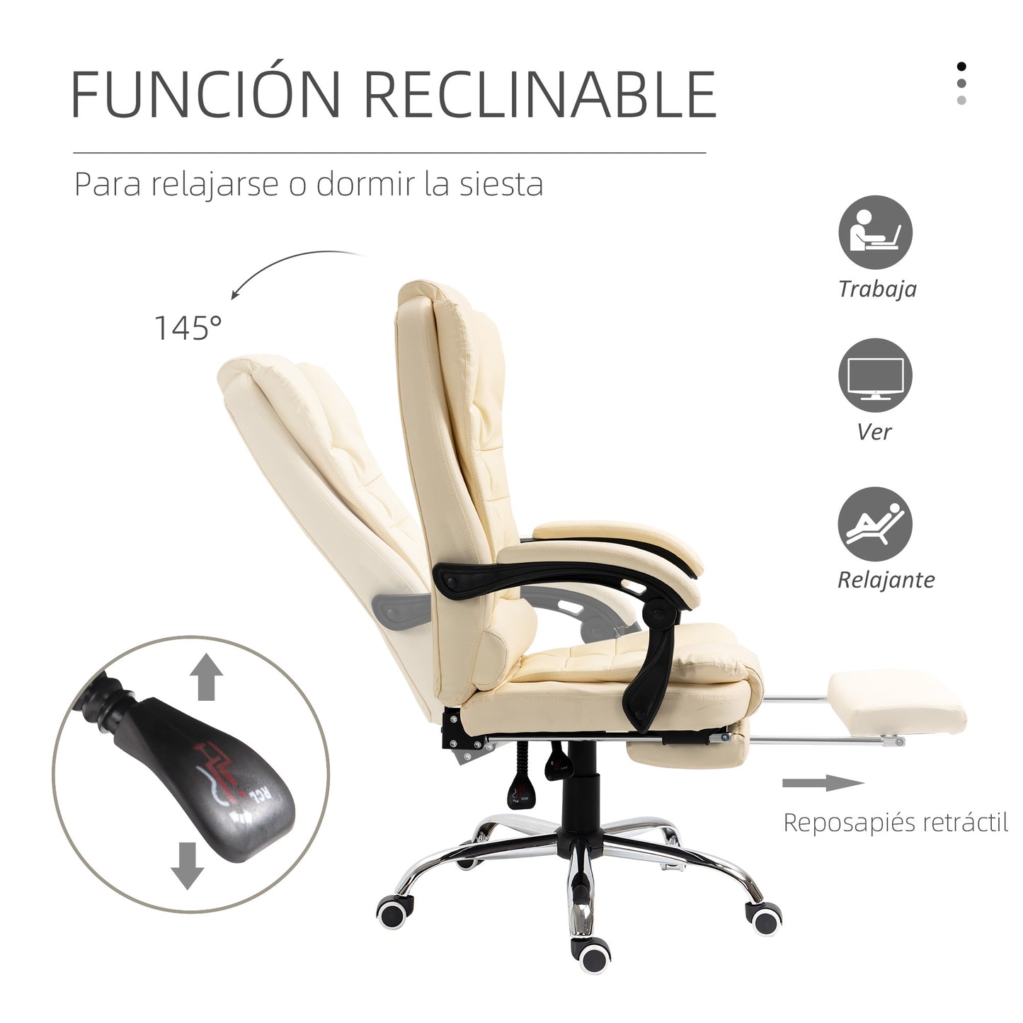 HOMCOM Silla de Oficina Reclinable Silla de Escritorio con Reposapiés Silla Ejecutiva Giratoria con Altura Ajustable Tapizada en PU y Reposabrazos para Estudio Crema