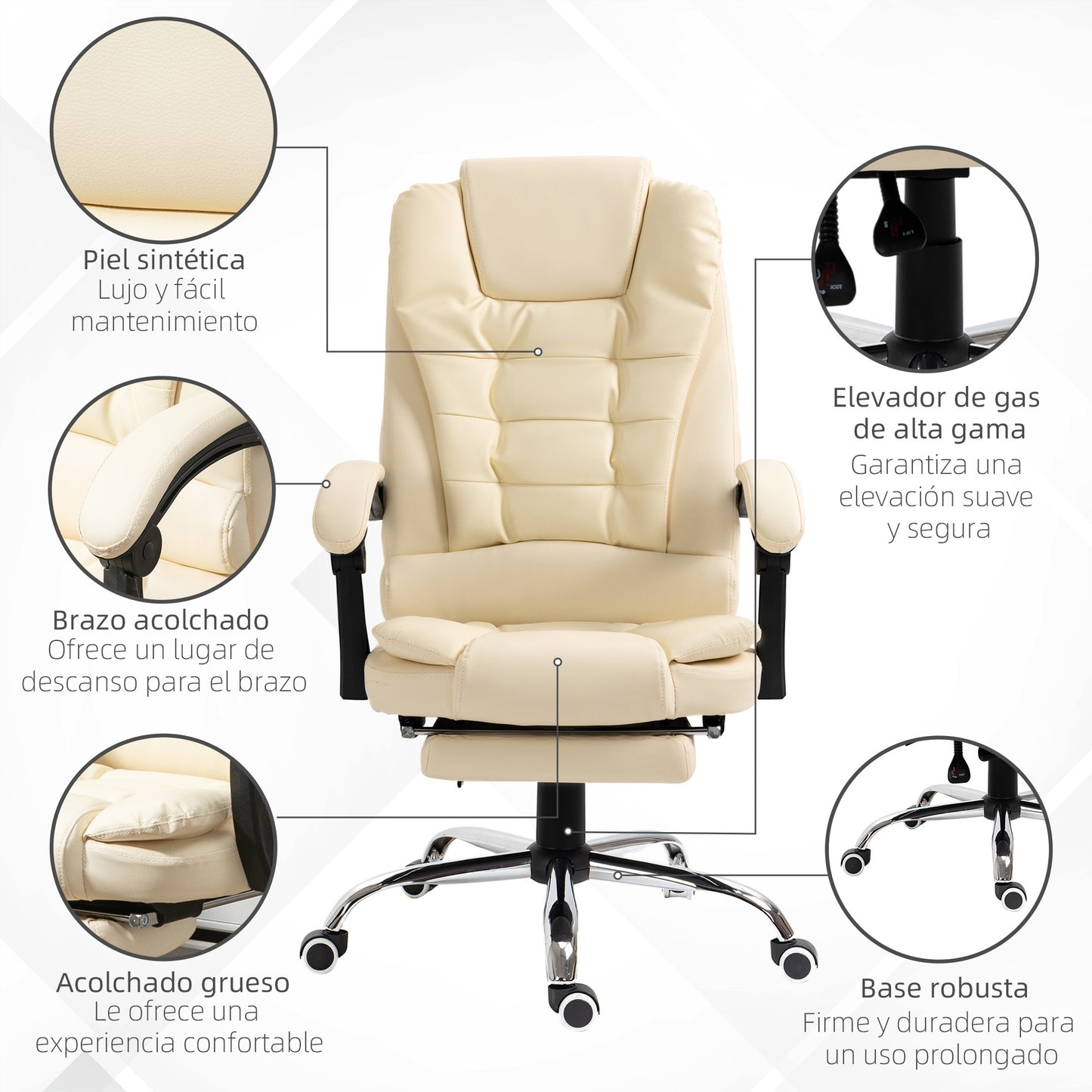 HOMCOM Silla de Oficina Reclinable Silla de Escritorio con Reposapiés Silla Ejecutiva Giratoria con Altura Ajustable Tapizada en PU y Reposabrazos para Estudio Crema