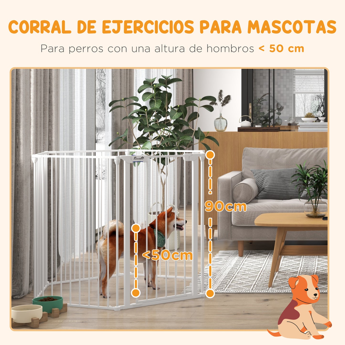 PawHut Parque para Perros de 6 Paneles Corralito para Mascotas Plegable de Acero con Doble Cerradura Función de Bloqueo Auxiliar y Forma de Bricolaje para Pasillos Escaleras 123x102x90 cm Blanco