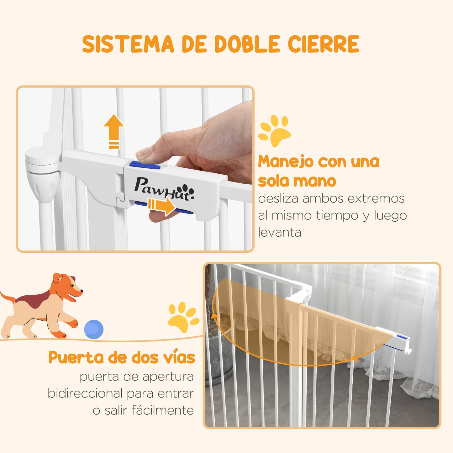 PawHut Parque para Perros de 6 Paneles Corralito para Mascotas Plegable de Acero con Doble Cerradura Función de Bloqueo Auxiliar y Forma de Bricolaje para Pasillos Escaleras 123x102x90 cm Blanco