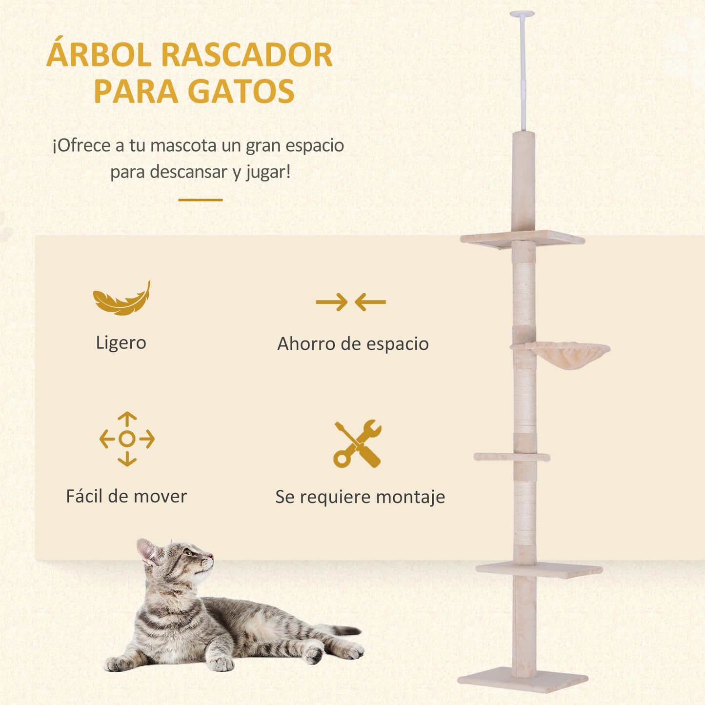 PawHut Árbol para Gatos de Suelo a Techo de 230-260 cm Torre para Gatos con Altura Ajustable Plataformas Hamaca y Postes de Sisal Beige