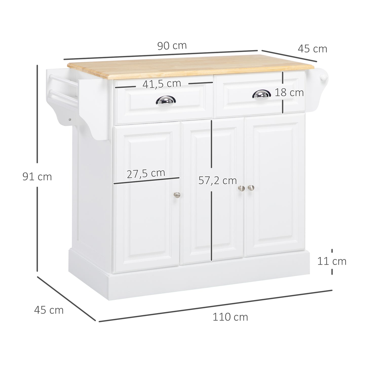 HOMCOM Isla de Cocina Carro de Cocina con Ruedas Carro Multiusos con 2 Cajones 3 Puertas Toallero y Estante para Especias para Comedor 110x45x91 cm Blanco