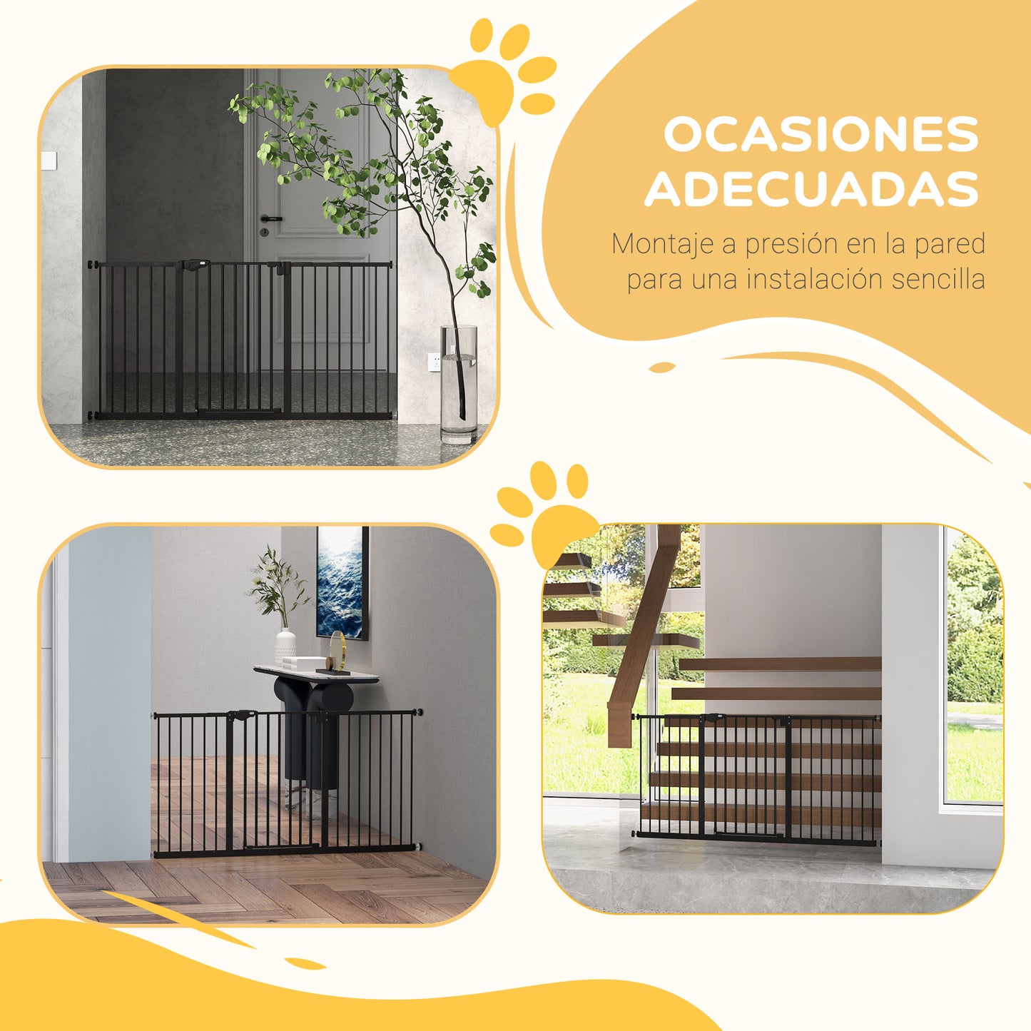 PawHut Barrera de Seguridad Extensible para Puertas y Escaleras Barrera para Perros con Cierre Automático y Sistema de Doble Bloqueo Metal 74-147,5x76,2 cm Negro