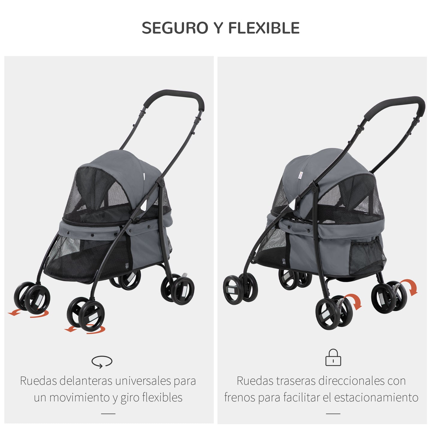 PawHut Carrito para Perros Plegable Cochecito para Mascotas Cochecito para Perros Pequeños con Ventanas de Malla Cojín Lavable Correas de Seguridad y Marco de Acero Gris