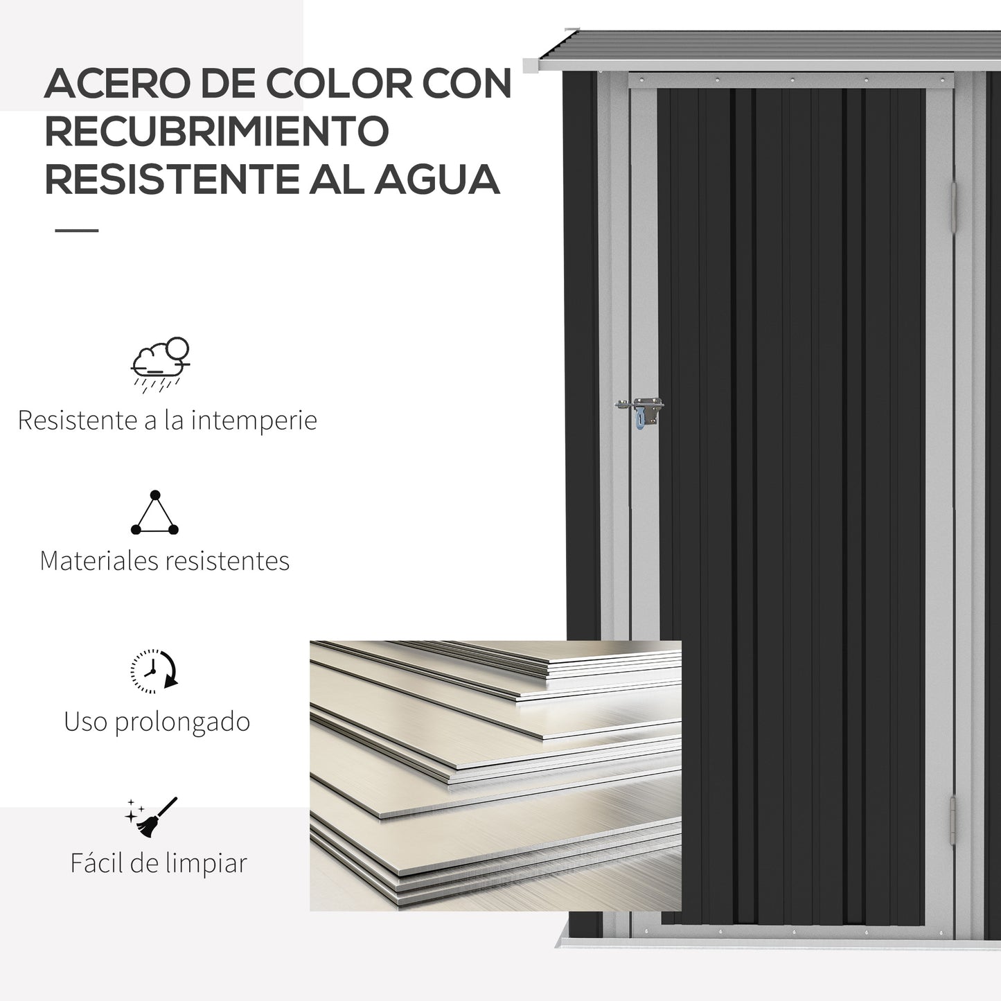 Outsunny Caseta de Jardín 1,07 m² 142x84x189 cm Cobertizo Exterior Metálico con Puerta Cerradura y Orificios de Drenaje para Almacenamiento de Herramientas Gris