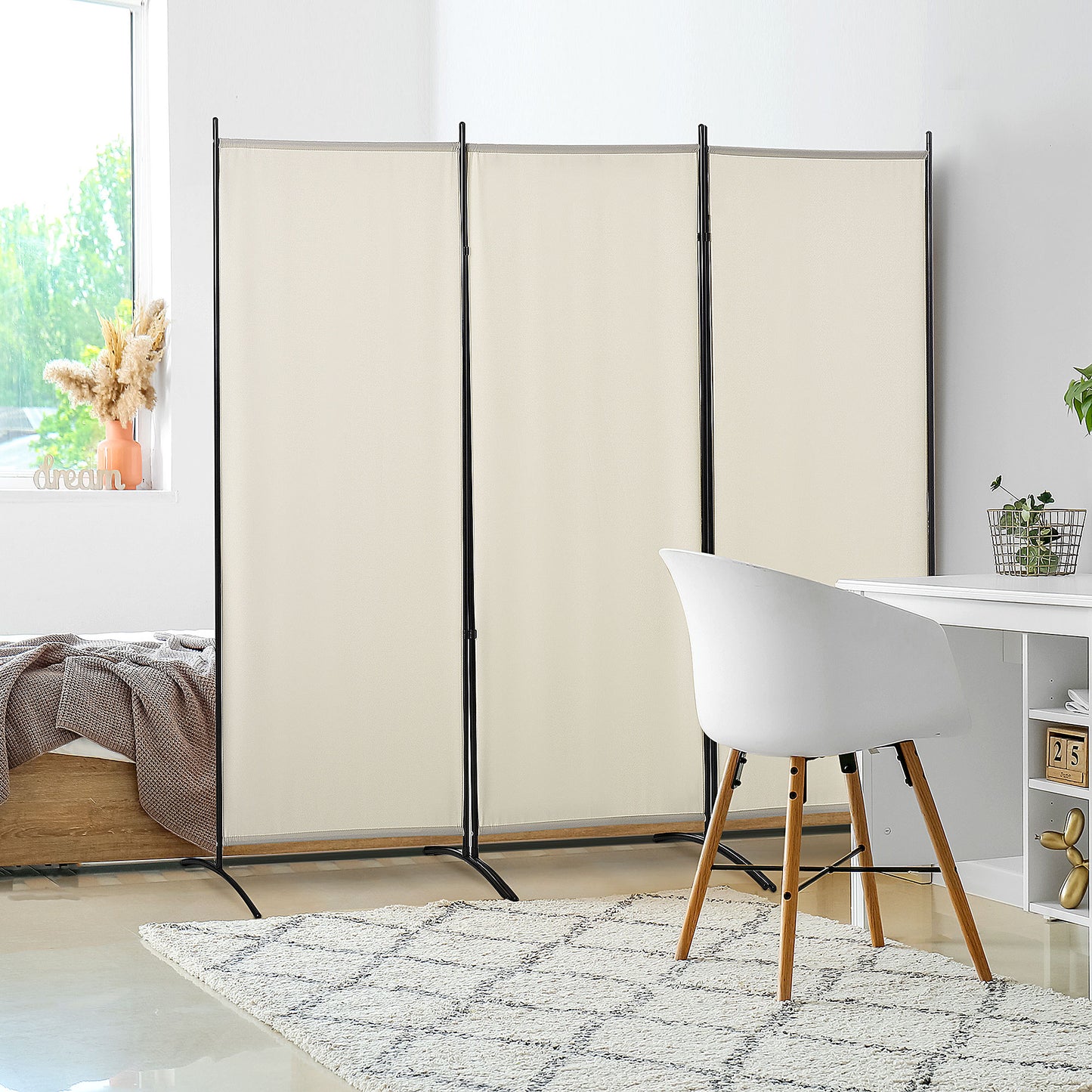 HOMCOM Biombo de 3 Paneles Biombo Separador de Ambientes 253x50x182 cm Divisor de Habitación Plegable con 6 Pies de Metal Pantalla de Privacidad para Oficina Dormitorio Beige