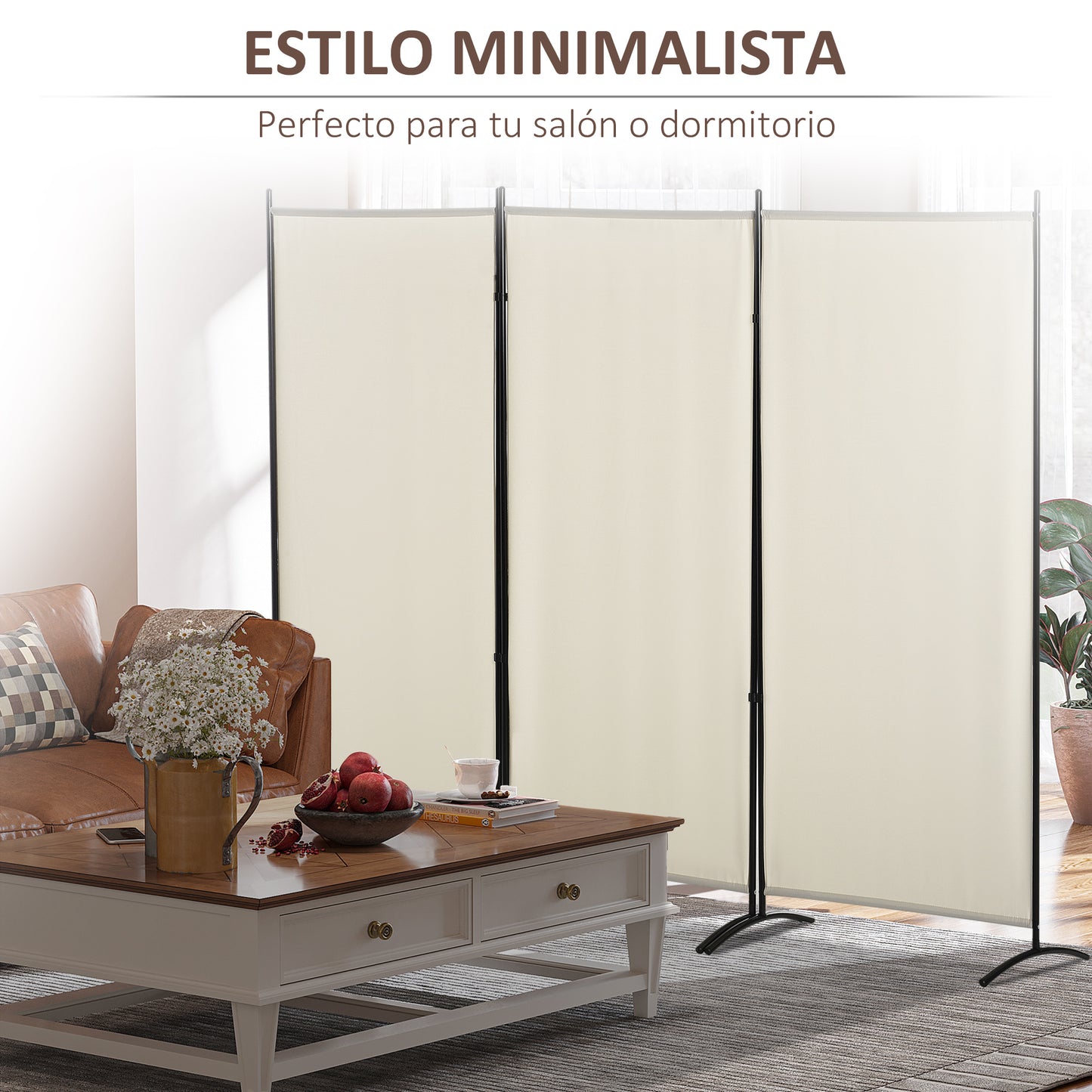 HOMCOM Biombo de 3 Paneles Biombo Separador de Ambientes 253x50x182 cm Divisor de Habitación Plegable con 6 Pies de Metal Pantalla de Privacidad para Oficina Dormitorio Beige