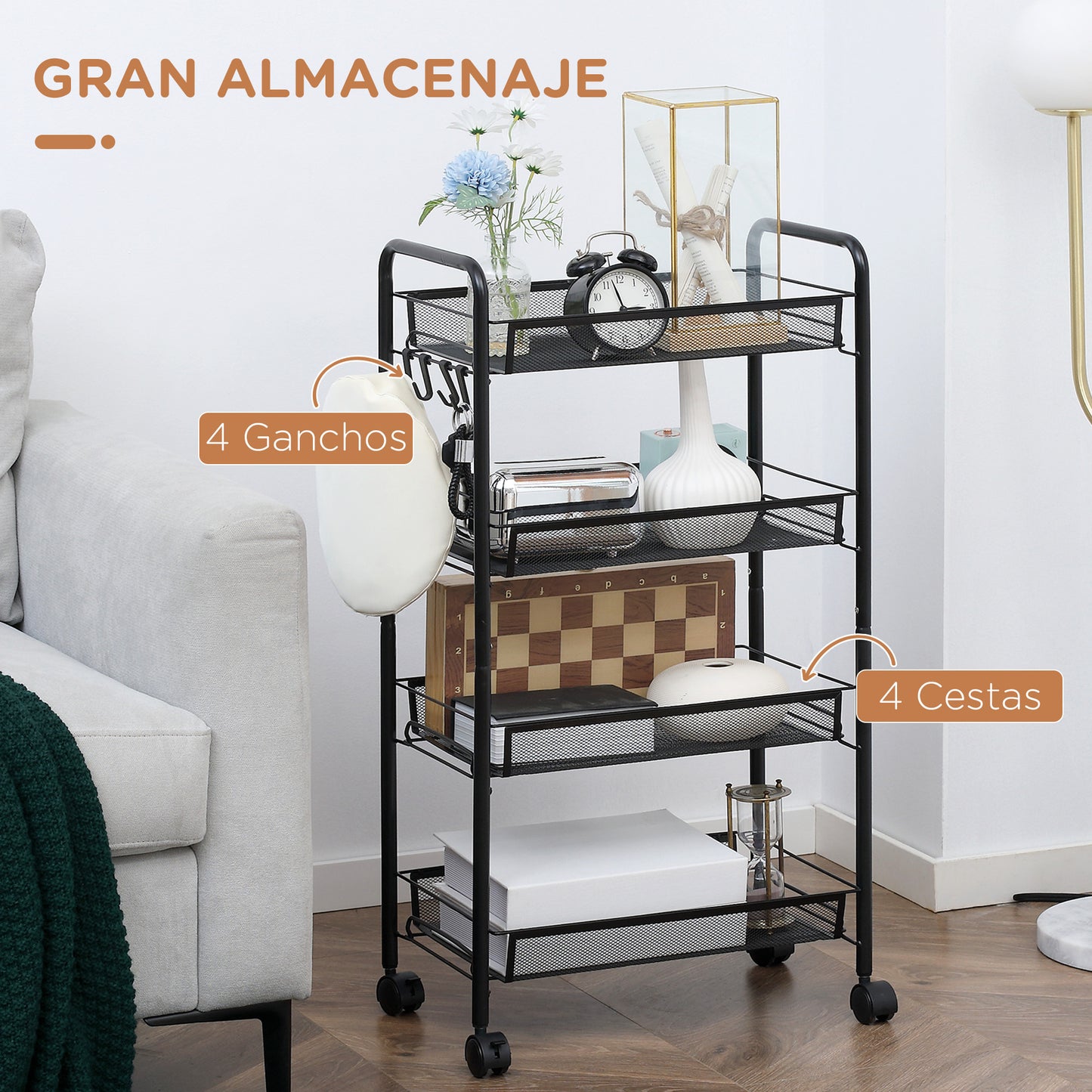 HOMCOM Carrito Auxiliar con Ruedas Carrito de Cocina de 4 Niveles Carrito de Almacenamiento con 4 Ganchos Carga 12 kg para Comedor Sala Baño 45x26,5x84 cm Negro